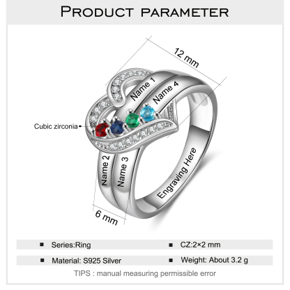 Bague Argent 925 4 Prénom Personnalisé avec 4 Pierre de Naissance