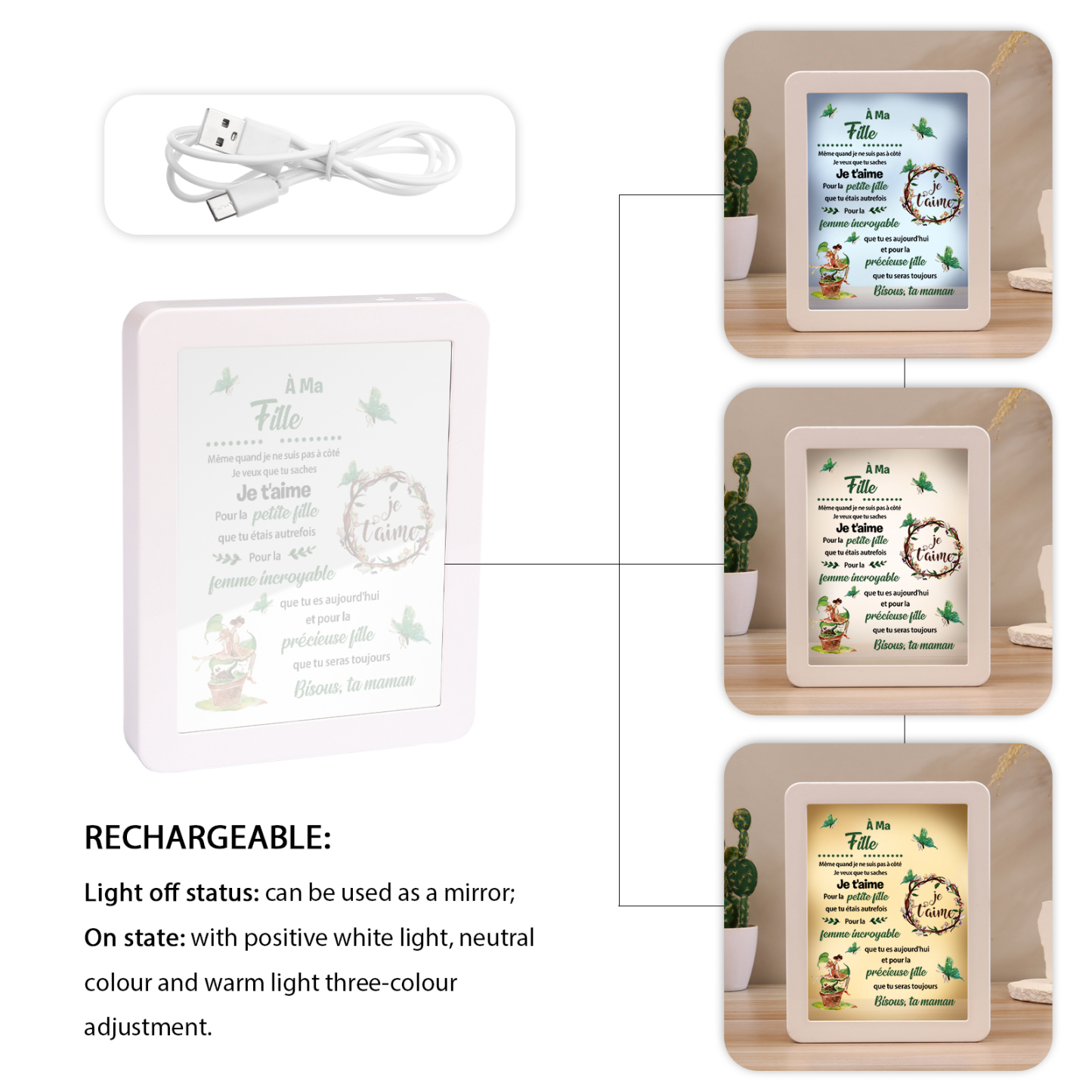 À ma Fille - Cadre Photo/Miroir LED multifonctionnel Cadeau de Maman pour Fille