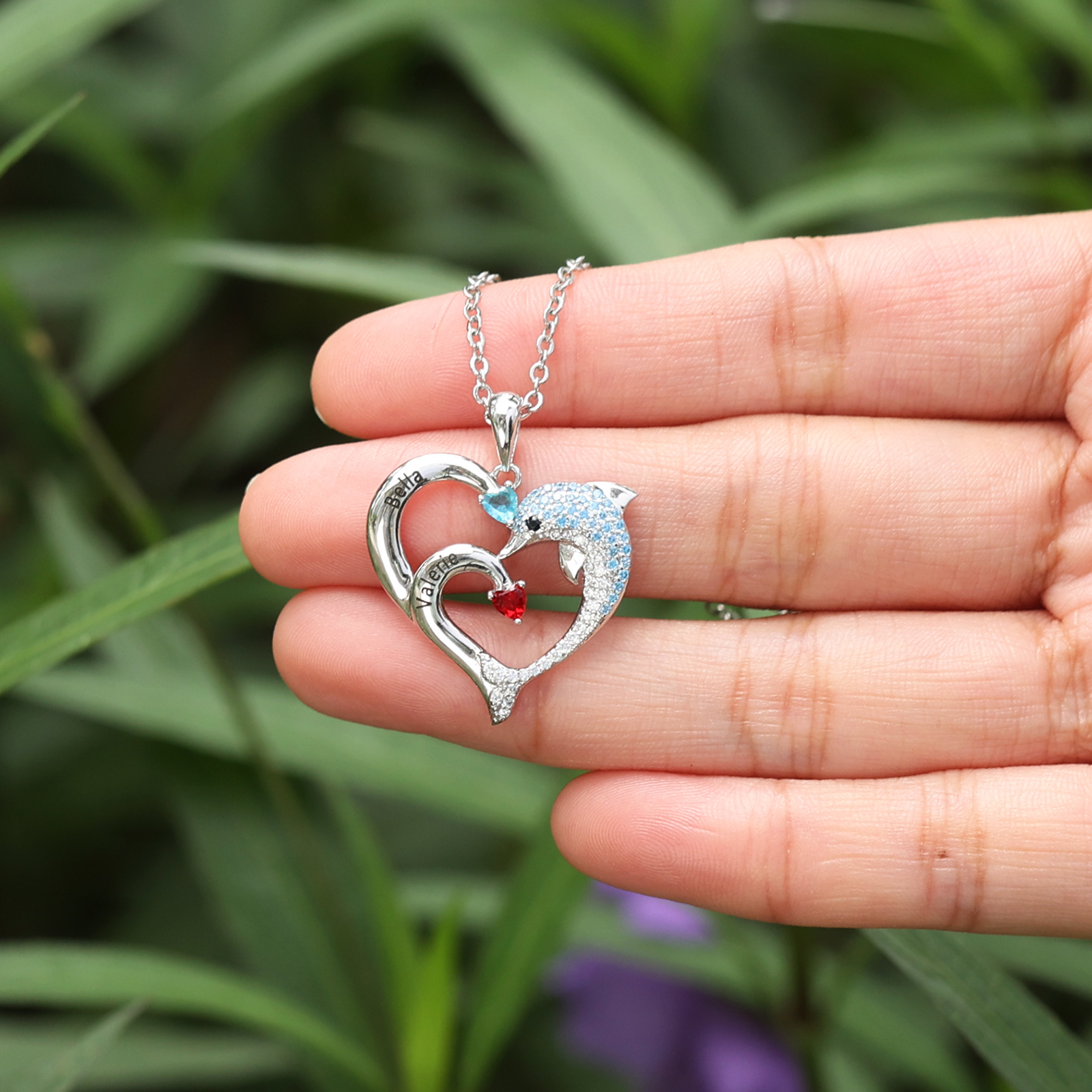 Collier coeur et dauphin 2 Prénoms Personnalisés avec 2 Pierre de Naissance