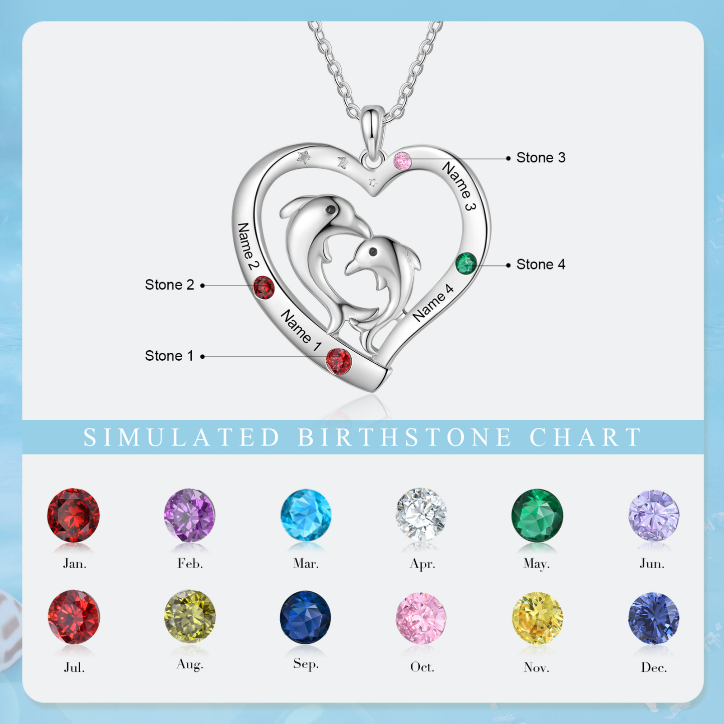 Collier Pendentif Cœur et Dauphin 4 Prénoms Personnalisés avec 4 Pierres de Naissance