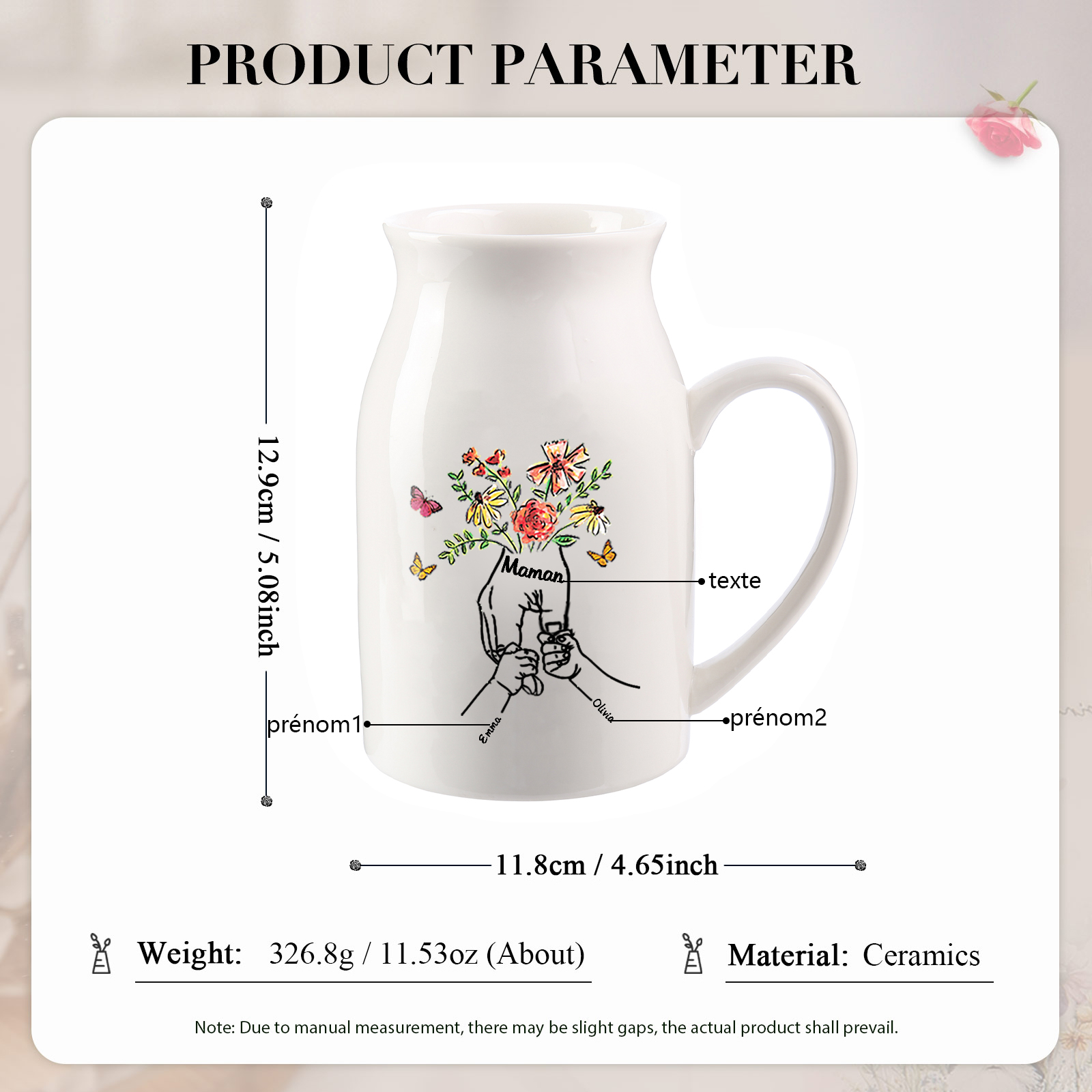 Vase à Fleurs la Main dans la Main 2 Prénoms Personnalisés avec Texte Décoration de la Maison