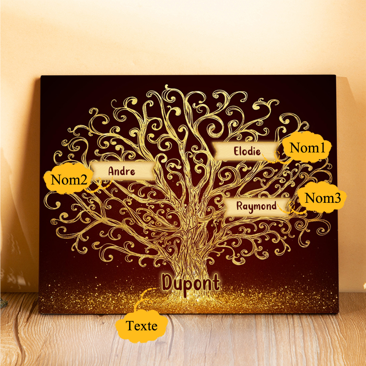 Cadre en Bois Arbre 3 Prénoms Personnalisés avec Texte Cadeau pour Famille