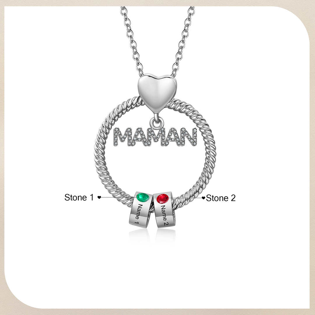 À ma Maman - Collier Pendentif 2 Prénoms Personnalisés avec Pierre de naissance