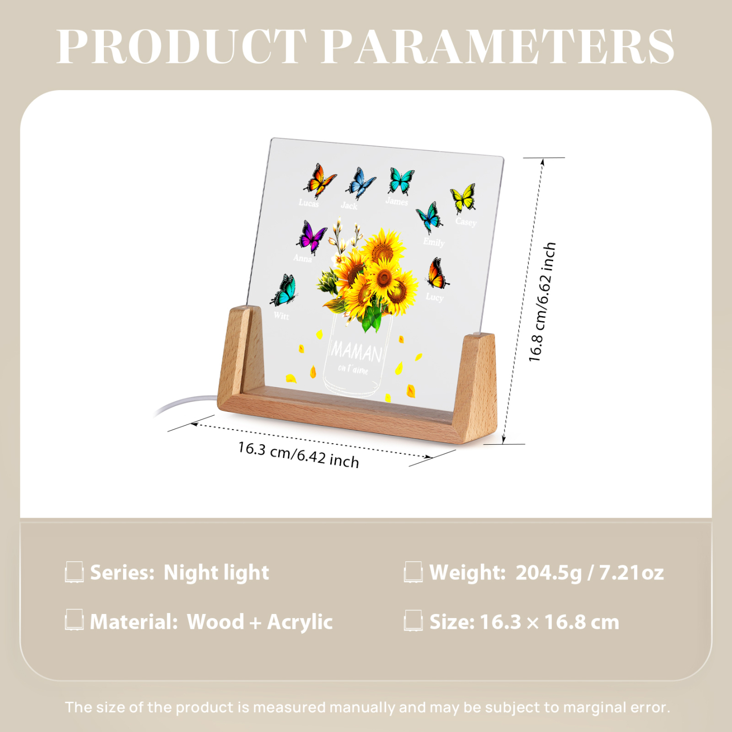 À Maman/Mamie - Lampe de chevet LED Tournesol 8 Prénoms Personnalisés avec 2 Textes pour Famille