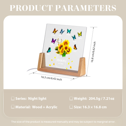 À Maman/Mamie - Lampe de chevet LED Tournesol 8 Prénoms Personnalisés avec 2 Textes pour Famille