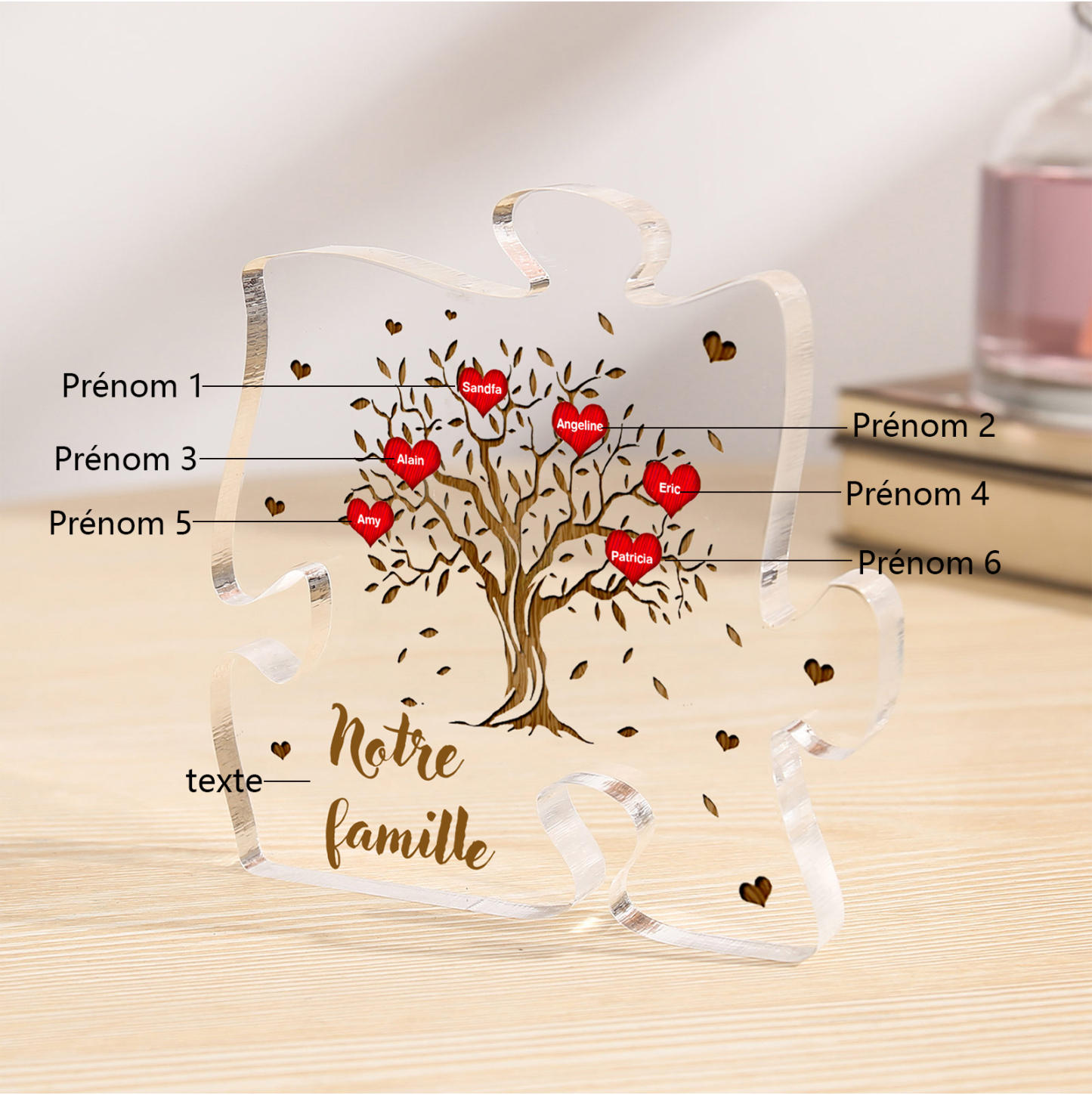 Plaque Acrylique en forme de Puzzle Arbre de Vie 6 Prénoms et Texte Personnalisés