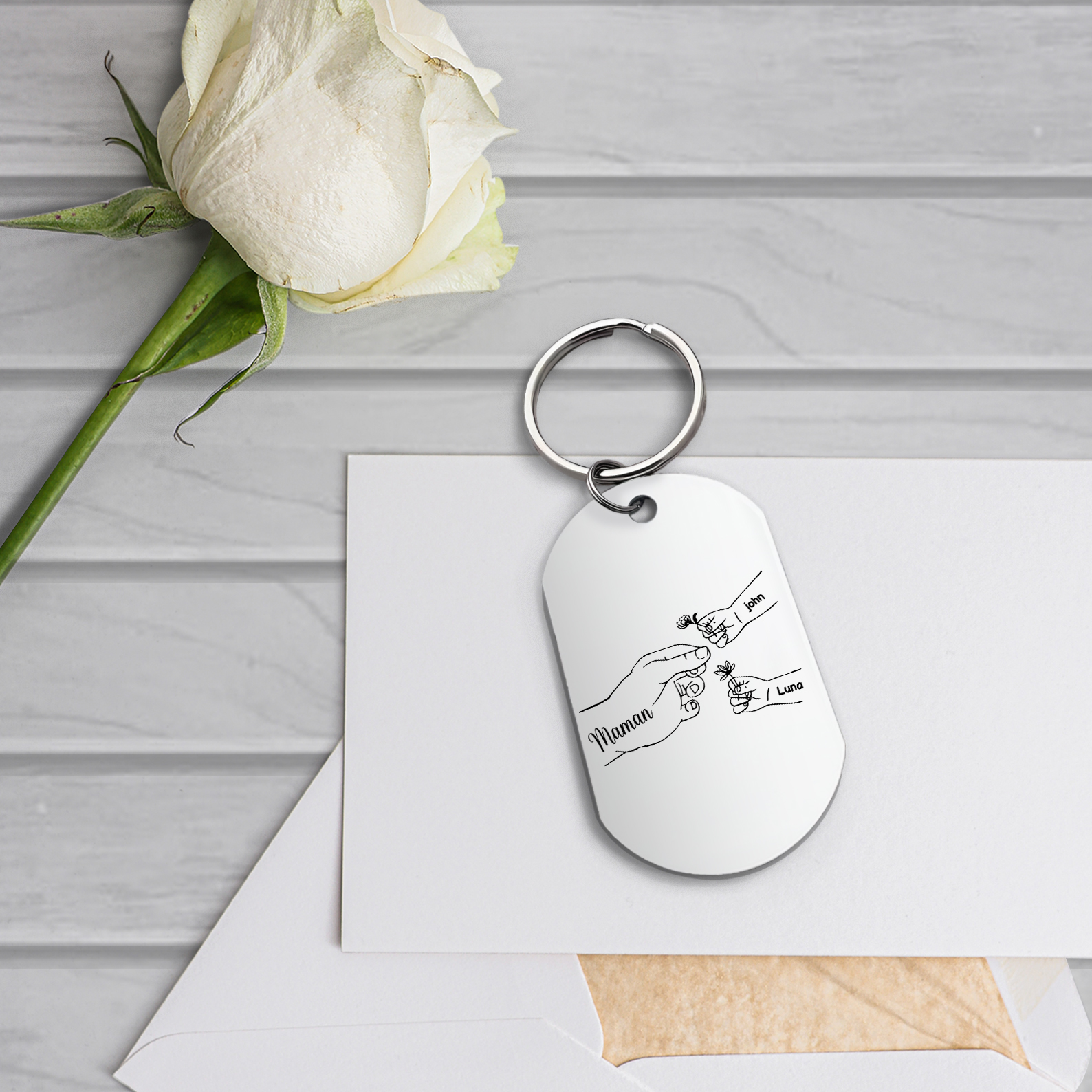 À ma Maman/Mamie - Porte-Clés 2-7 Prénoms Personnalisés Porte-Clés Mains et Fleurs