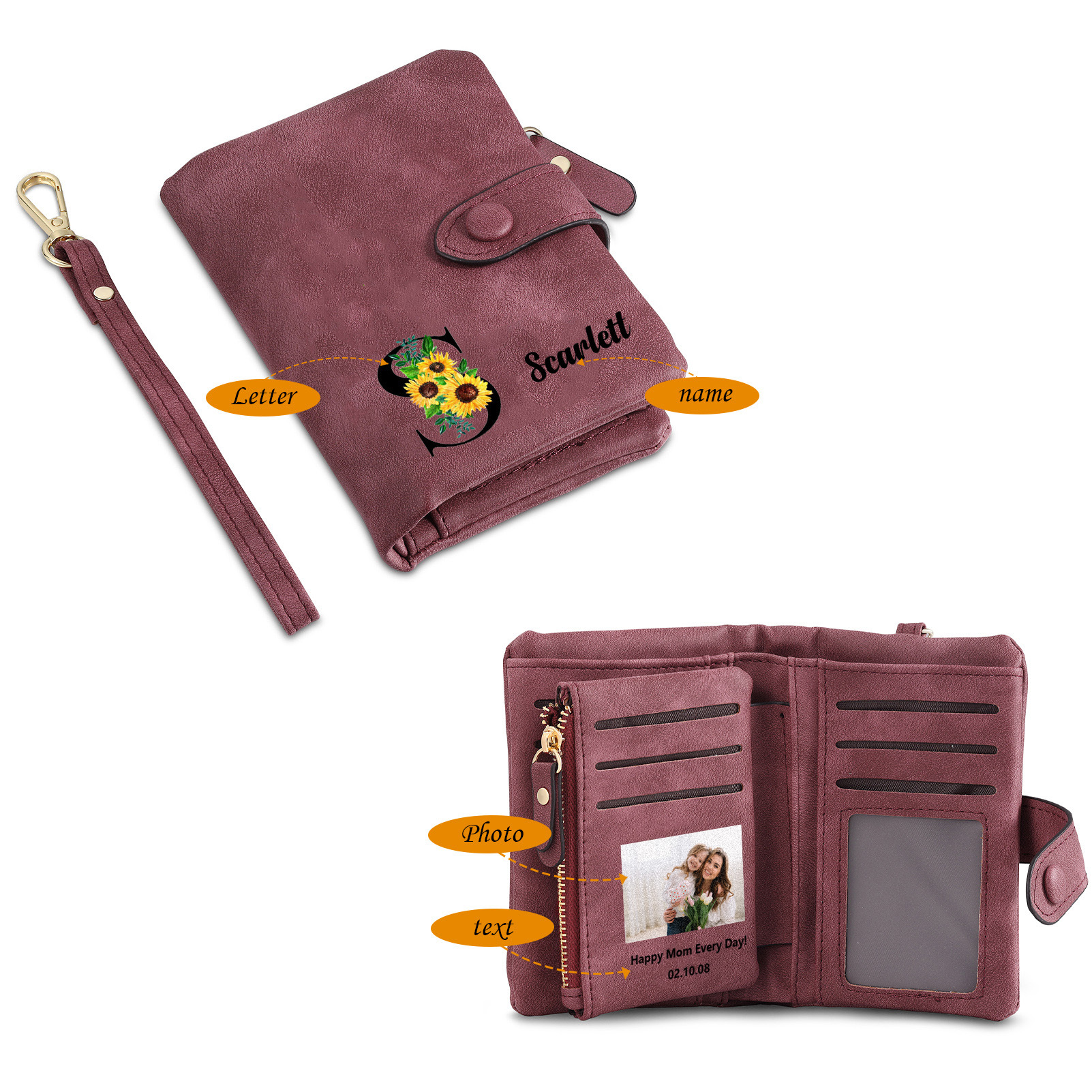 Portefeuille Fleur 1 Prénom et Lettre Personnalisés avec Photo et Texte Porte-Monnaie Carte pour Femmes