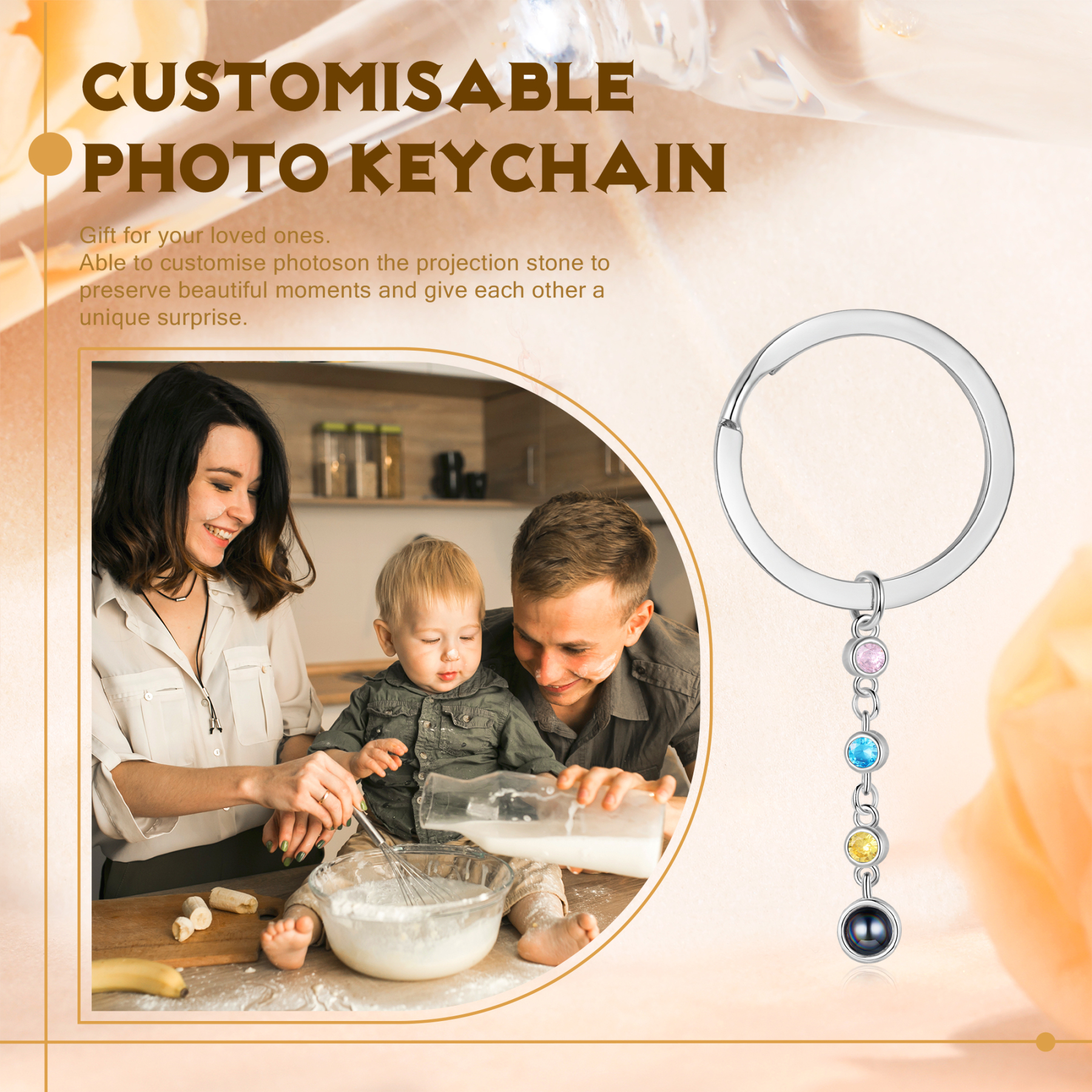 Porte-Clés de Projection Photo Personnalisée 3 Pierres de Naissance