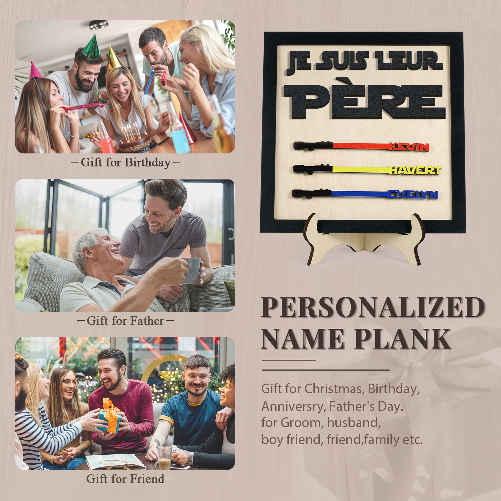 À mon Papa - Décoration en bois 3 Prénoms Personnalisés Ornement pour Père