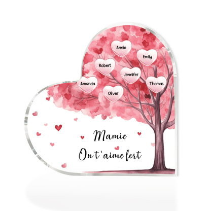 À ma Maman/Mamie - Plaque Acrylique Arbre en Forme de Cœur 7 Prénoms Personnalisés avec 1 Texte
