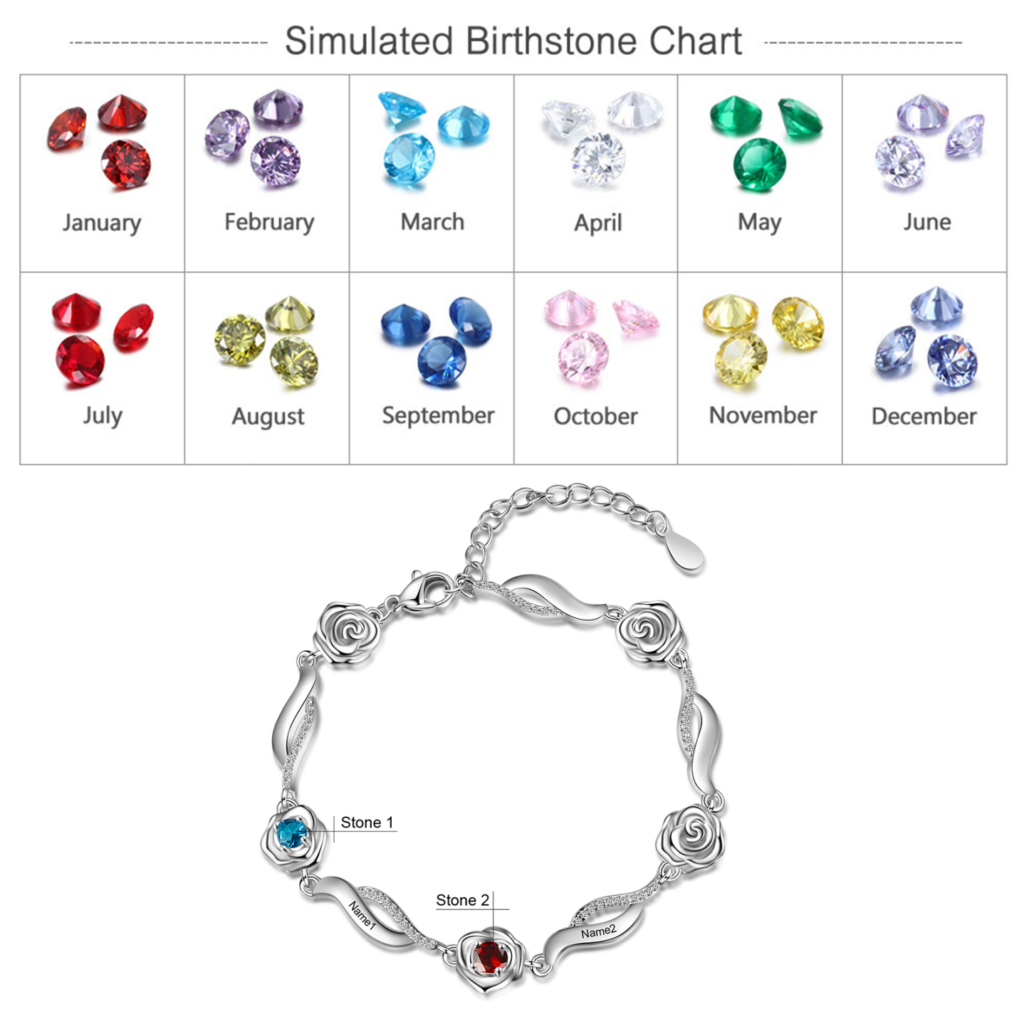 Bracelet Roses 1-5 Prénoms Personnalisés avec Pierres de Naissance - 2 Prénoms
