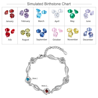 Bracelet Roses 1-5 Prénoms Personnalisés avec Pierres de Naissance - 2 Prénoms
