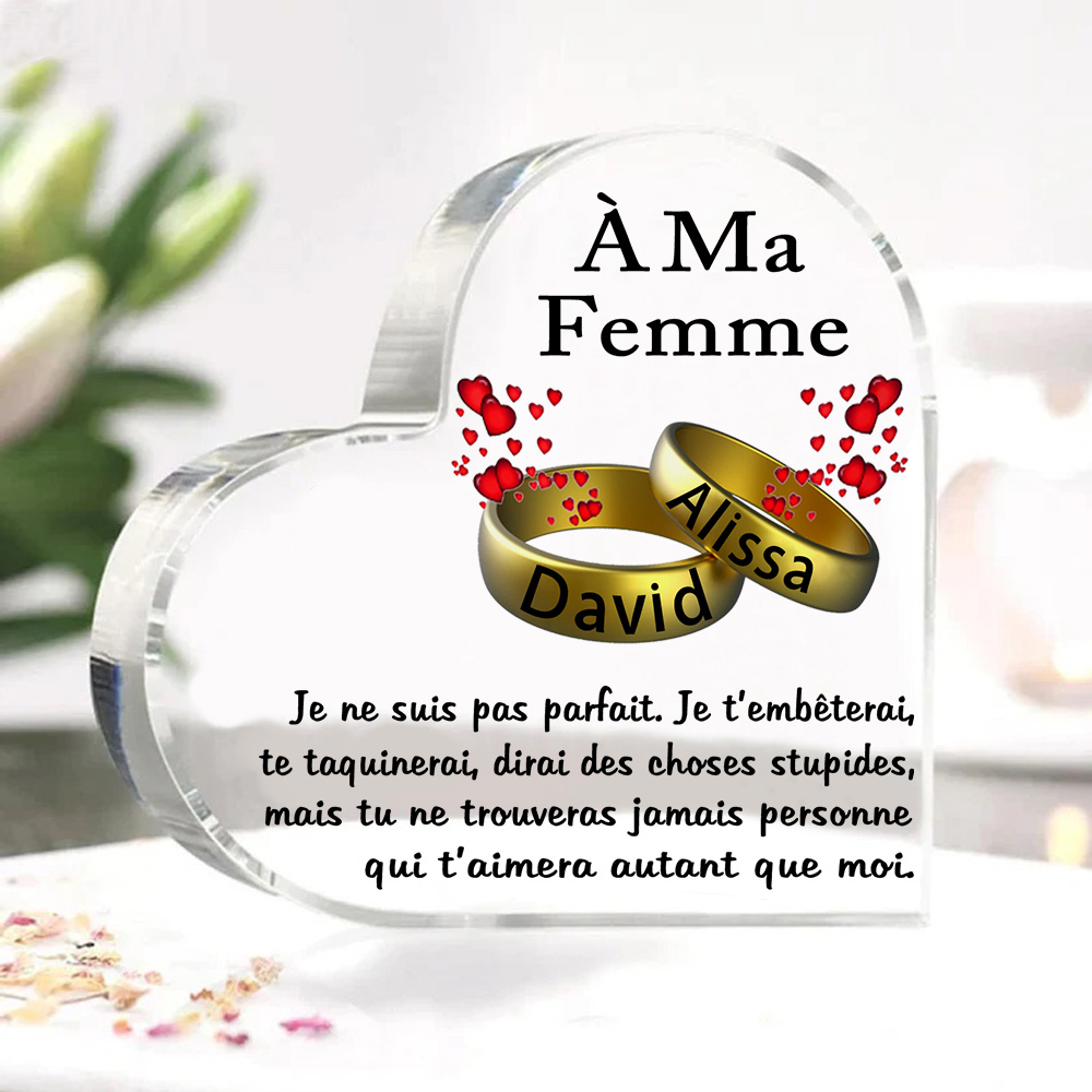 À Ma Femme-Plaque Acrylique en Forme de Cœur 2 Prénoms Personnalisés