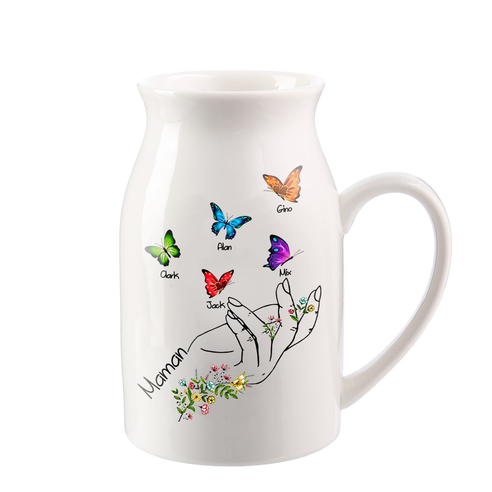 Vase à Fleurs Mains et Papillons 5 Prénoms Personnalisés avec Texte Décoration de la Maison