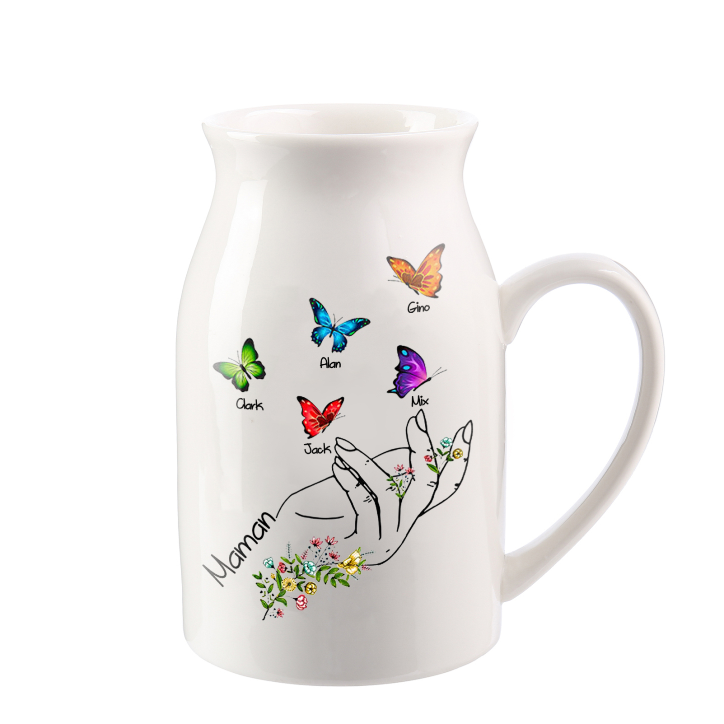 Vase à Fleurs Mains et Papillons 5 Prénoms Personnalisés avec Texte Décoration de la Maison