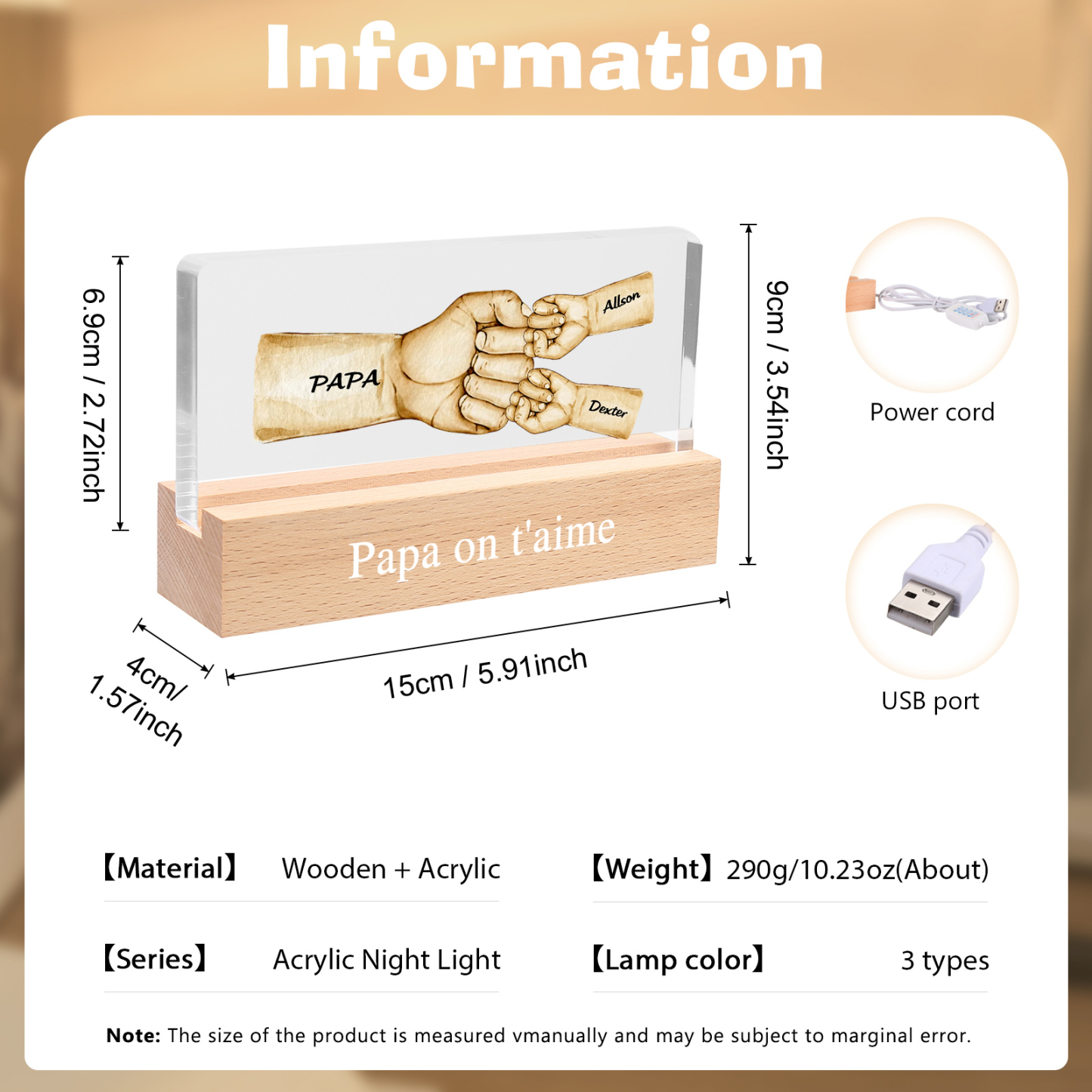 À mon Papa/Papi- Lampe de chevet LED Poings 3 Prénoms Personnalisés avec Texte