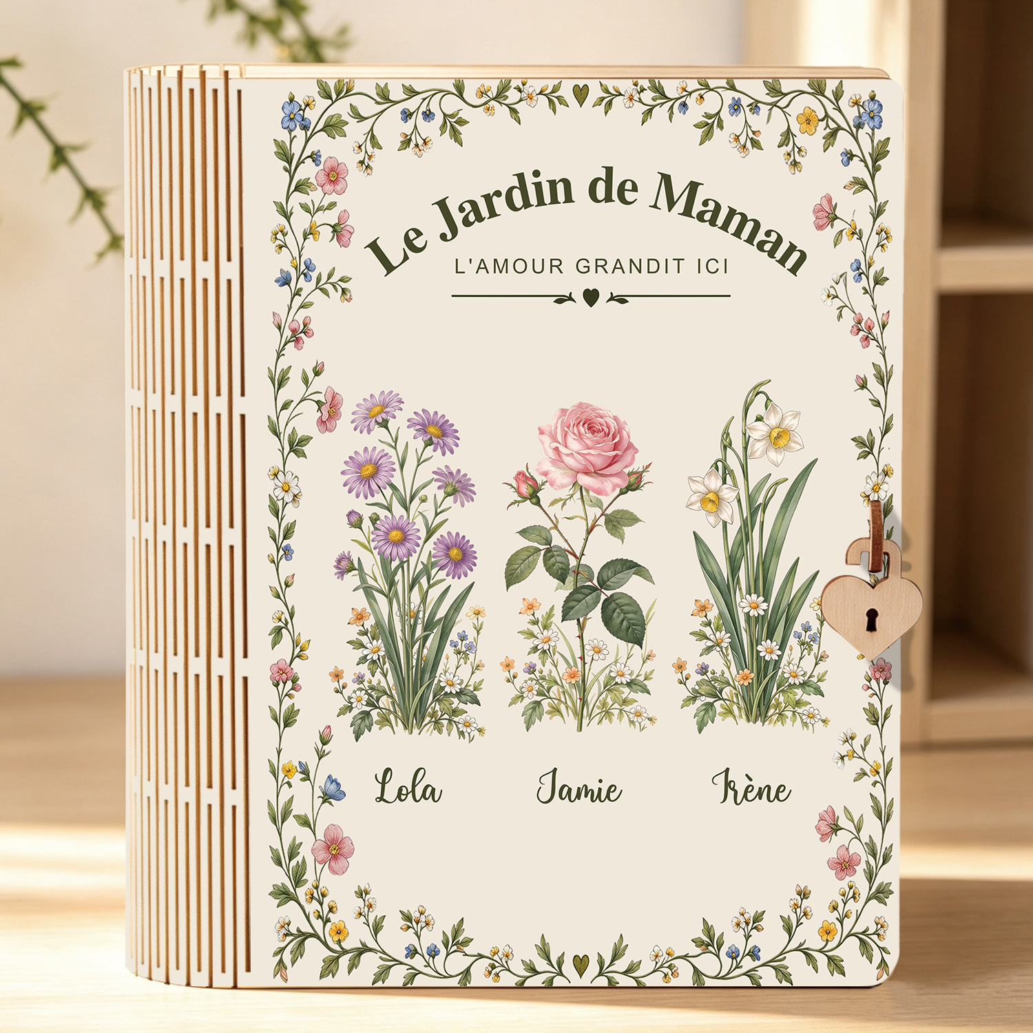 Boîte de Rangement Livre Personnalisée avec 1-10 Prénoms et Fleurs de Naissance – Cadeau Famille pour Maman ou Mamie
