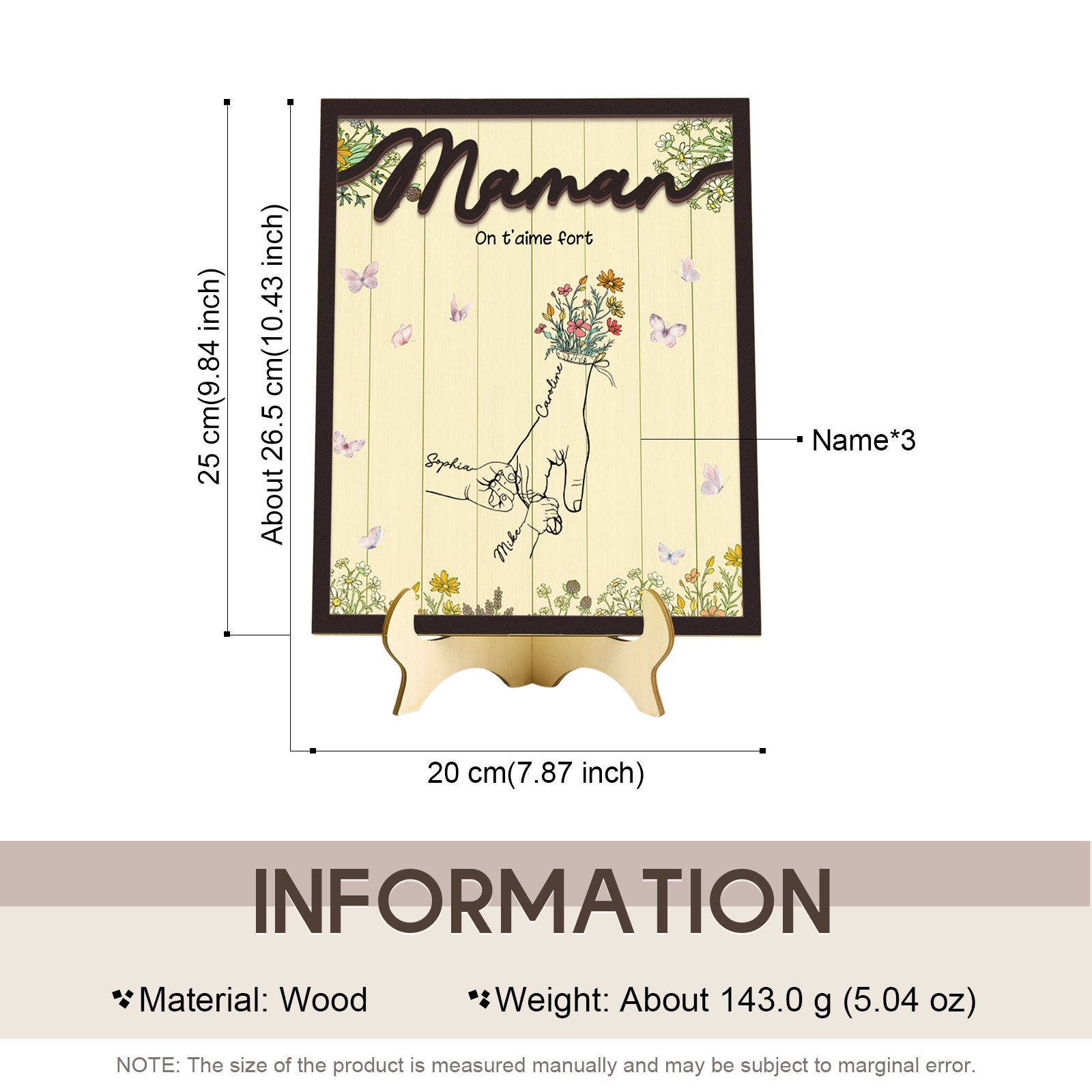 À Maman - Décoration en bois la Main dans la Main 3 Prénoms Personnalisés Ornement Famille
