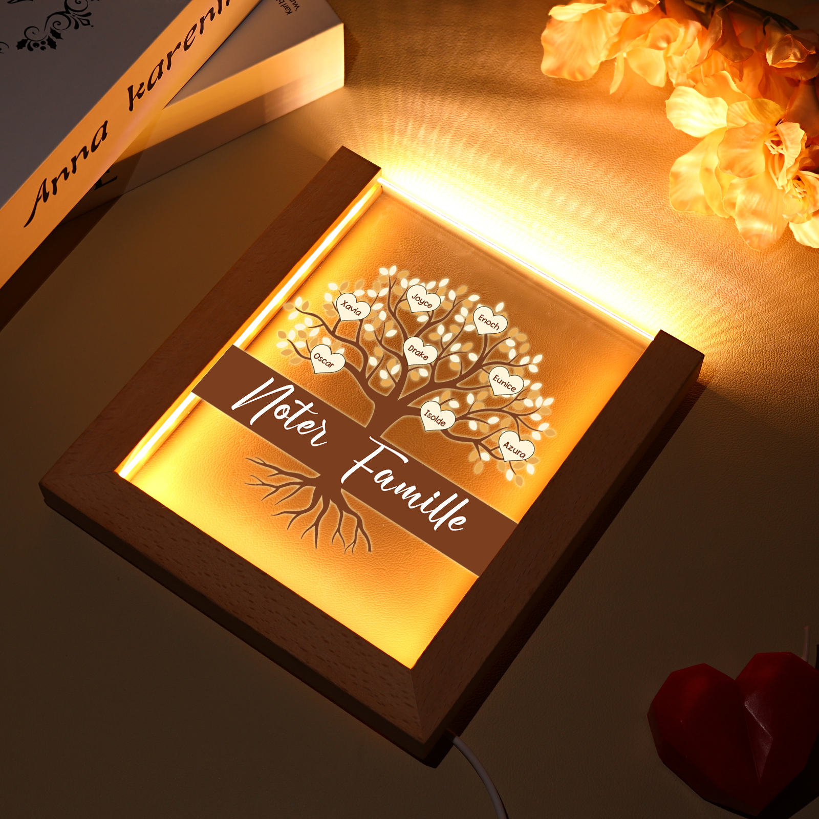 À Maman/Mamie - Lampe de chevet LED Arbre 8 Prénoms Personnalisés avec 1 Texte