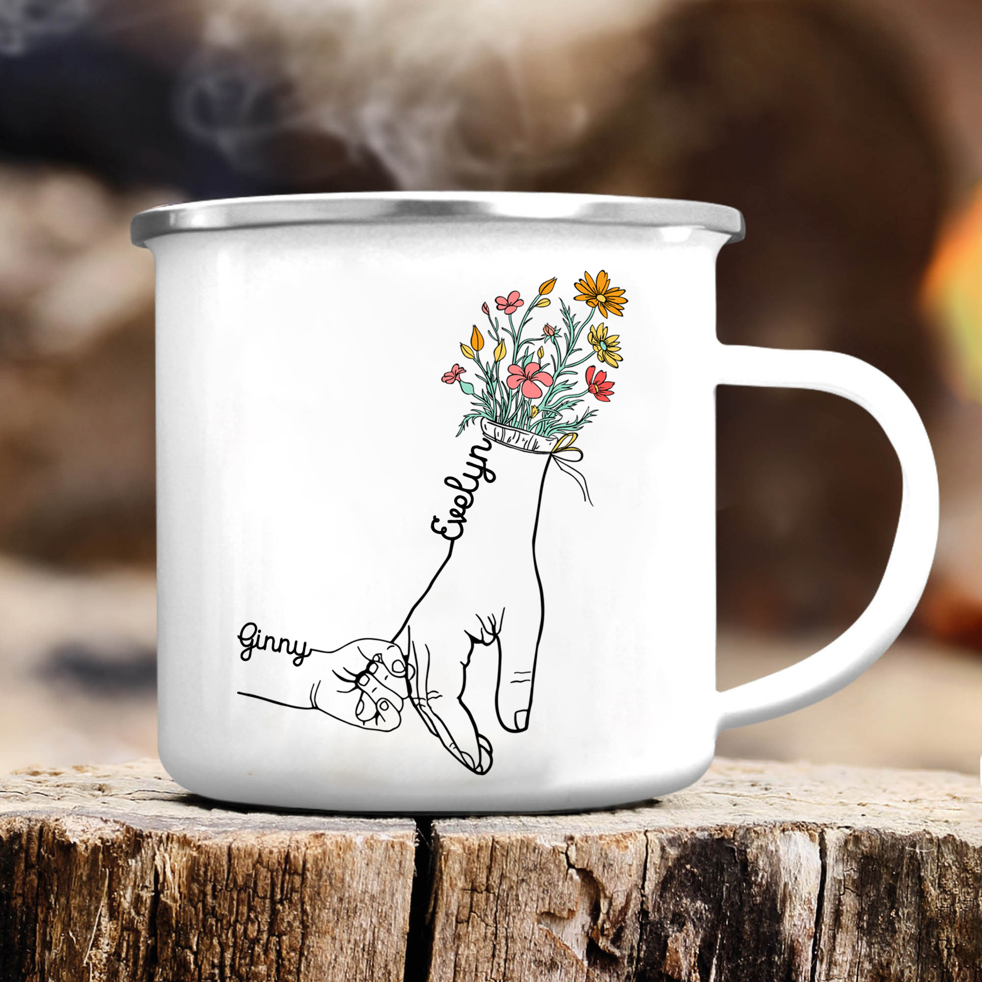 À Maman/Mamie - Tasse émaillée la Main dans la Main 2 Prénoms Personnalisés