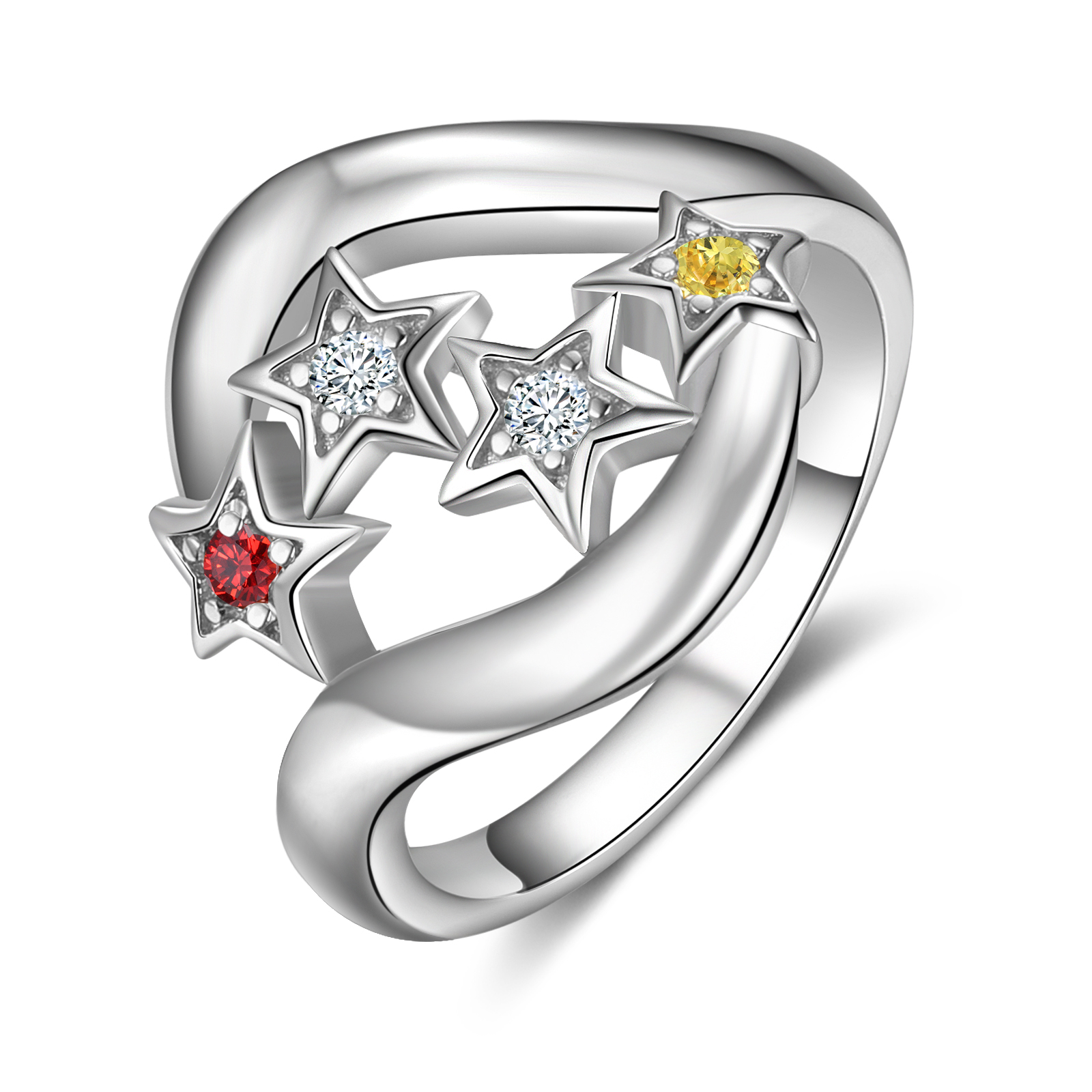 Bague étoilé 2 Prénom Personnalisé avec 2 Pierre de Naissance et texte en Argent 925