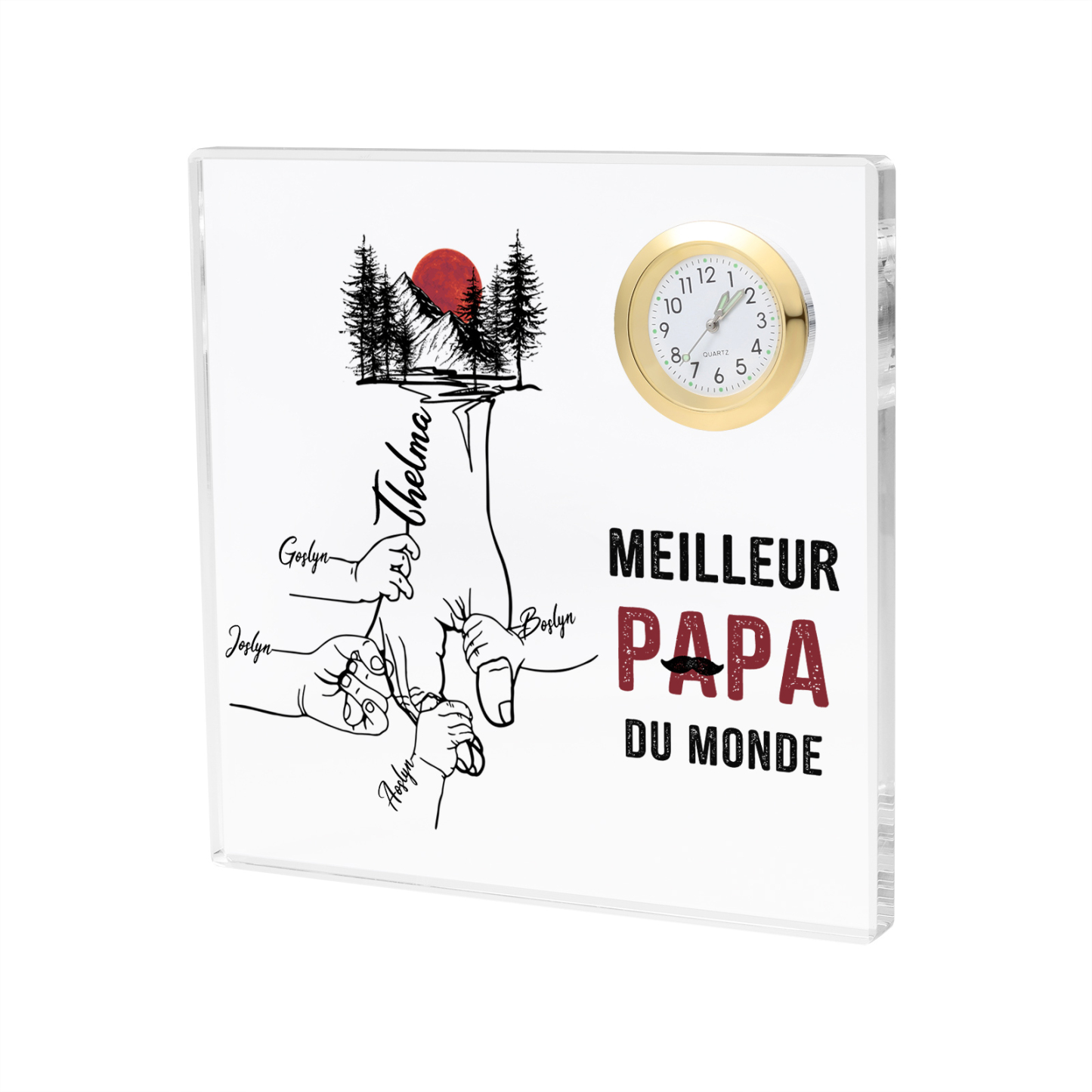 À mon Papa - Plaque Acrylique Carré avec Horloge la main dans la main 5 Prénoms Personnalisés