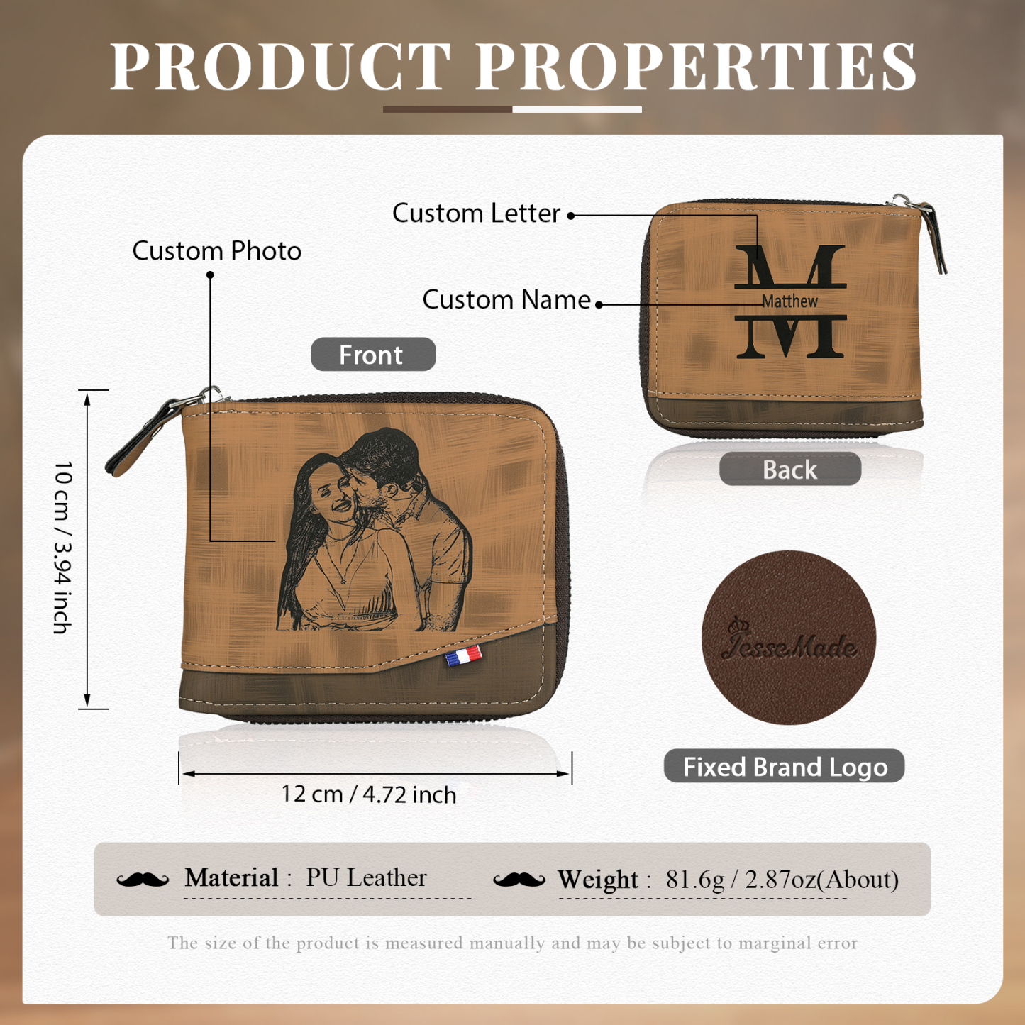 Portefeuille Classique 1 Prénom et Lettre Personnalisés avec Photo Porte-Monnaie Carte cadeau anniversaire homme | Jessemade