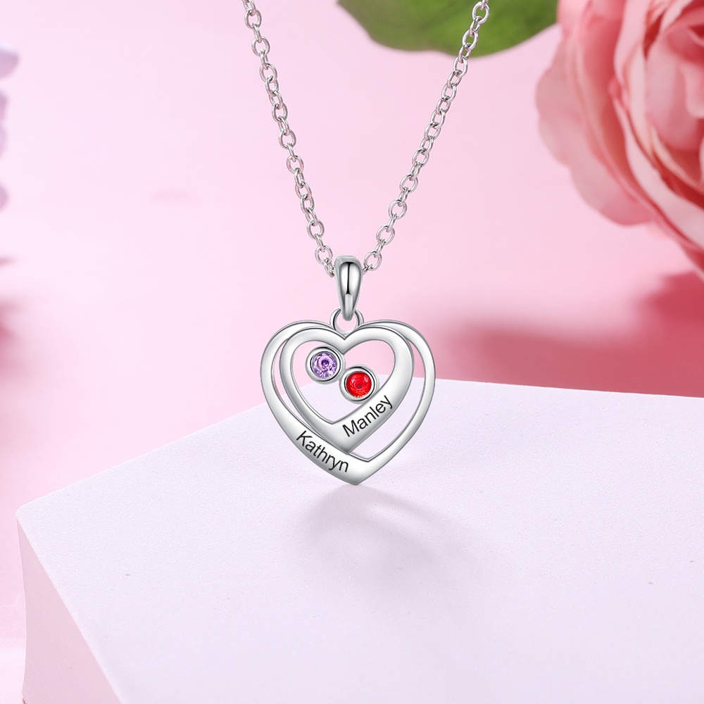 Collier coeur 2 Prénoms Personnalisés avec 2 Pierre de Naissance
