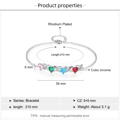 Bracelet à Breloque 4 Prénoms Personnalisé avec 4 Pierres de Naissance