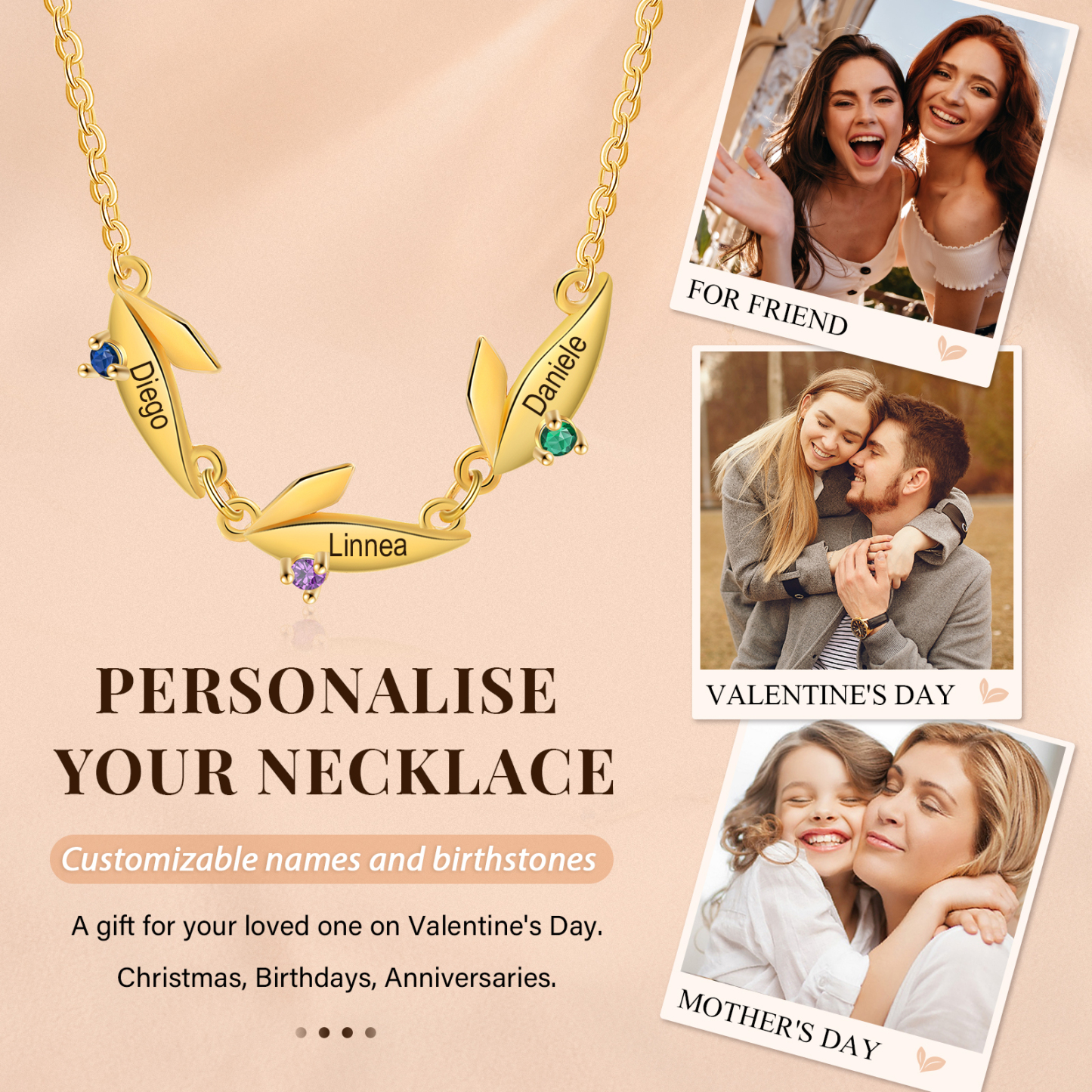 Collier Feuille 3 Prénoms Personnalisés avec Pierre de naissance Collier Femmes