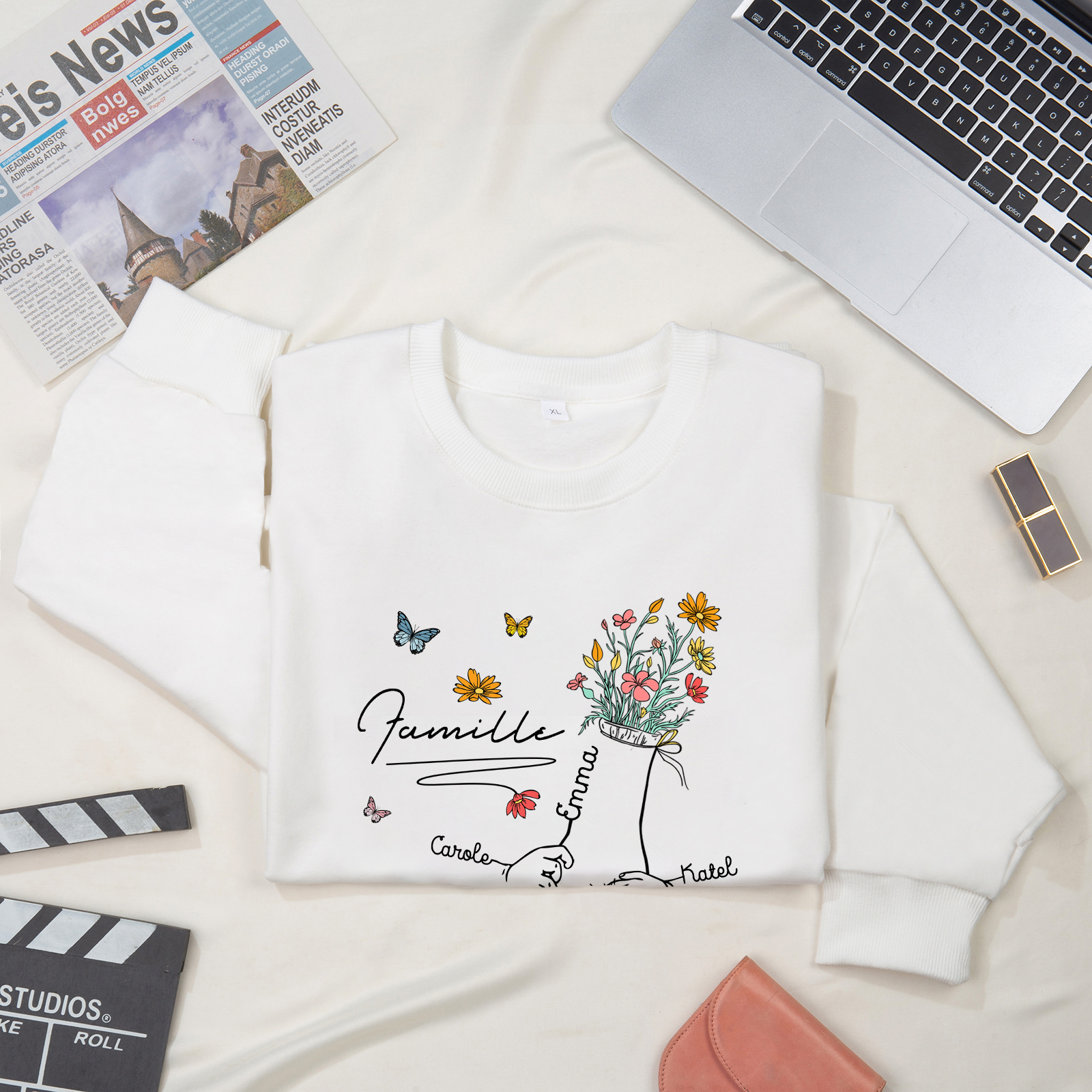 Sweat-Shirt la main dans la main 6 Prénoms Personnalisés avec Texte