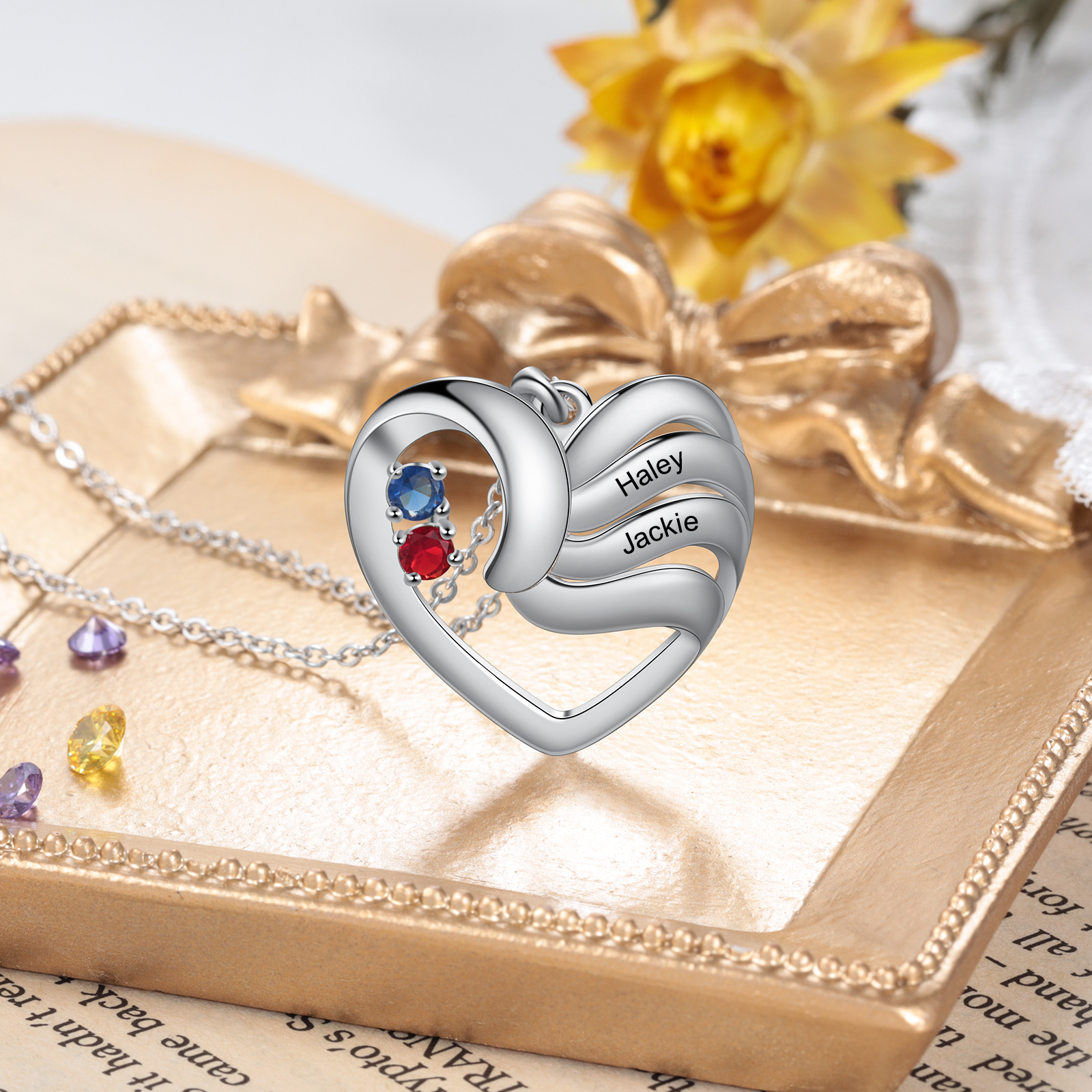 Collier Coeur Personnalisé avec 2 Prénoms 2 pierre de naissance｜Jessemade