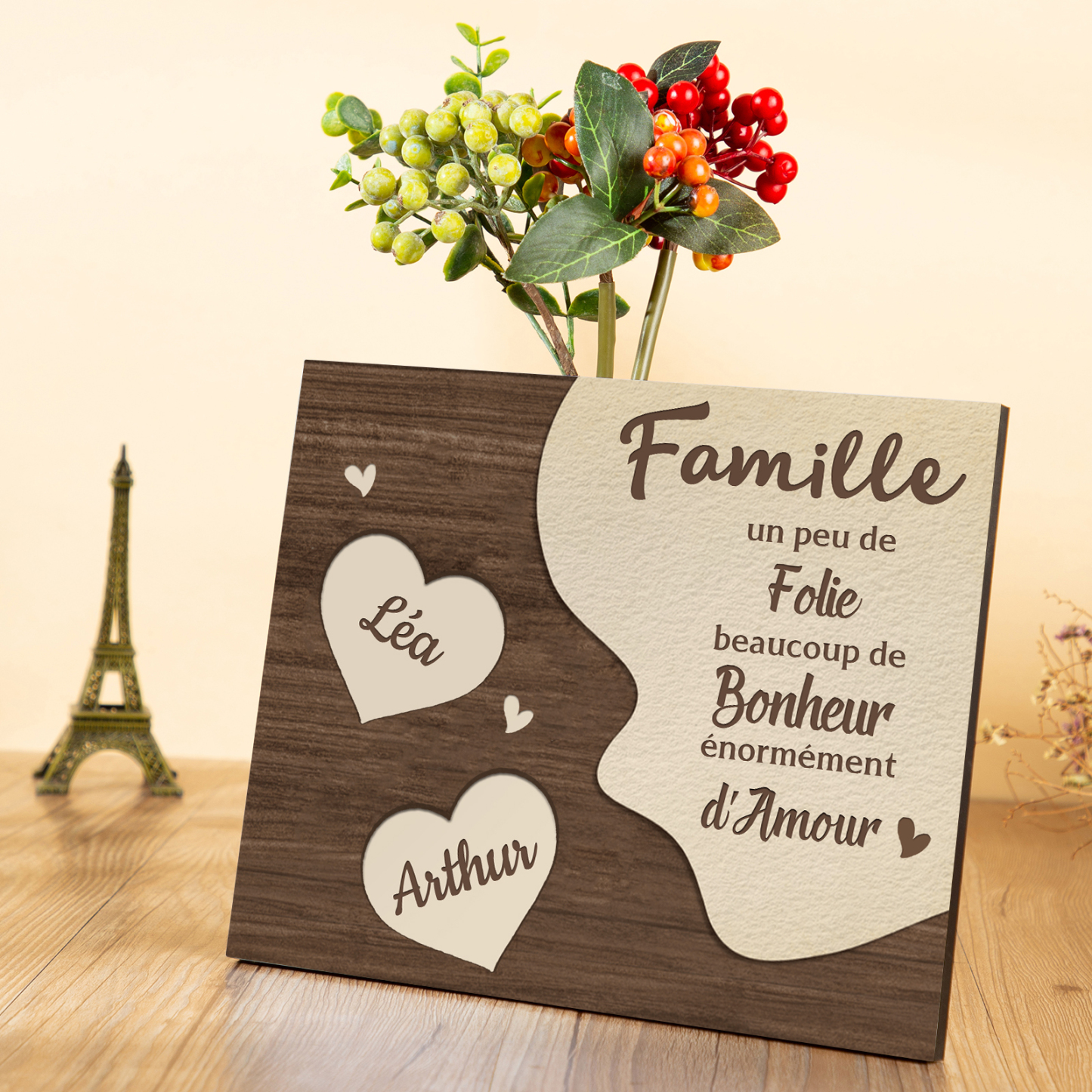 Cadre en Bois Cœur 2 Prénoms Personnalisés pour Famille