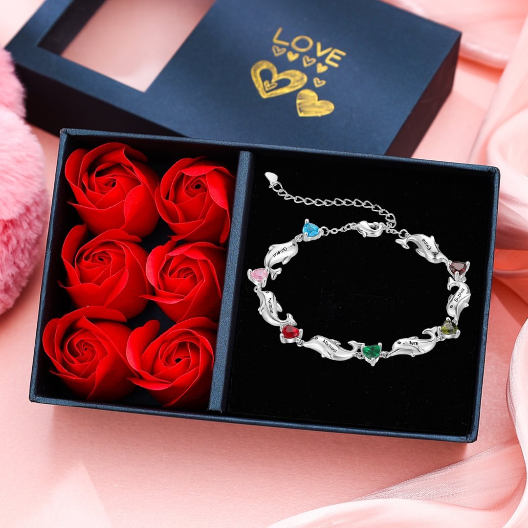 Bracelet dauphin 6 Prénoms Personnalisé avec 6 Pierres de Naissance