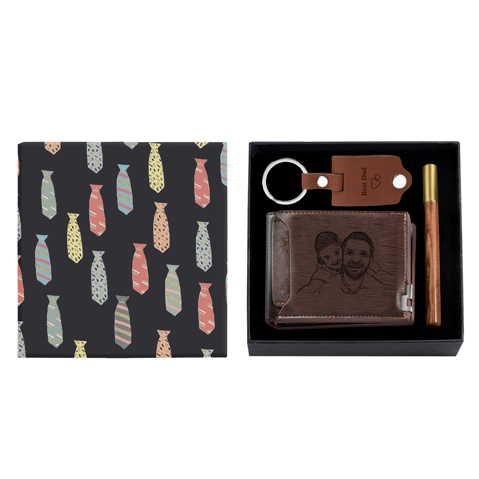 Coffret Cadeau 3PCS - Portefeuille classique Porte-Clés et Stylo 3 Textes et 2 Photo Personnalisés Coffret Cadeau pour Homme