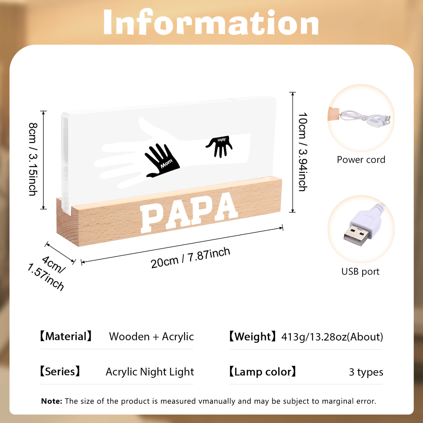 À Papa/Maman- Lampe de chevet LED Mains 2 Prénoms Personnalisés avec Texte pour Famille