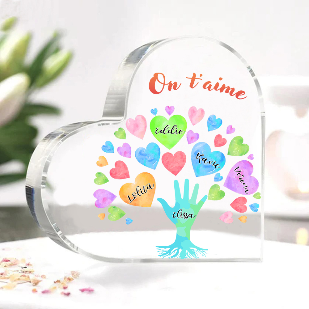 Plaque Acrylique en Forme de Cœur 5 Prénoms Personnalisés avec Texte pour Famille