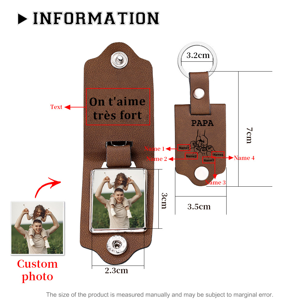 À mon Papa - Porte-Clés Cuir Poings 4 Prénoms Personnalisés avec Photo et Texte