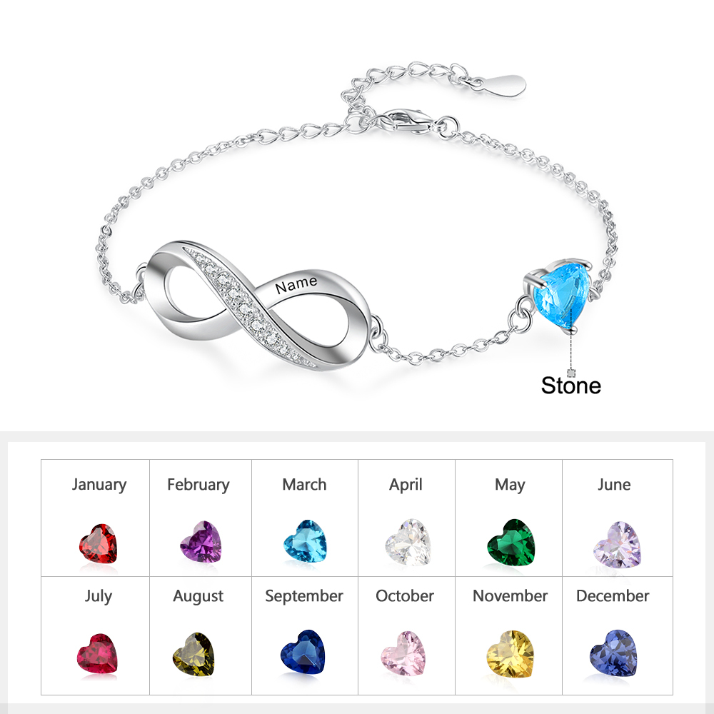 Bracelet infini à Breloque coeurs 1 Prénom Personnalisé avec 1 Pierre de Naissance