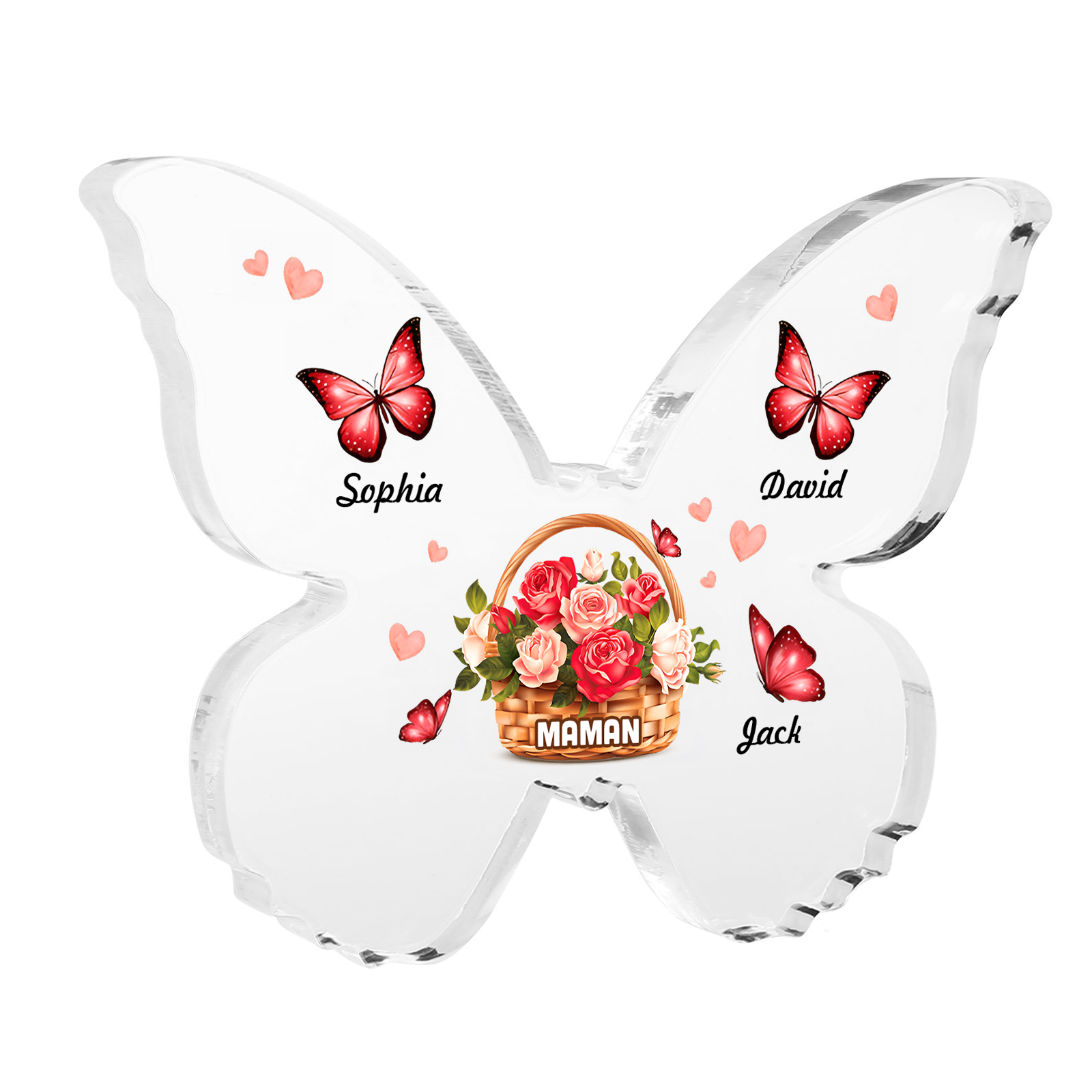 À Maman/Mamie - Plaque Acrylique en forme de Papillon 3 Prénoms et 1 Texte Personnalisés Decoration Fleurs et Papillons