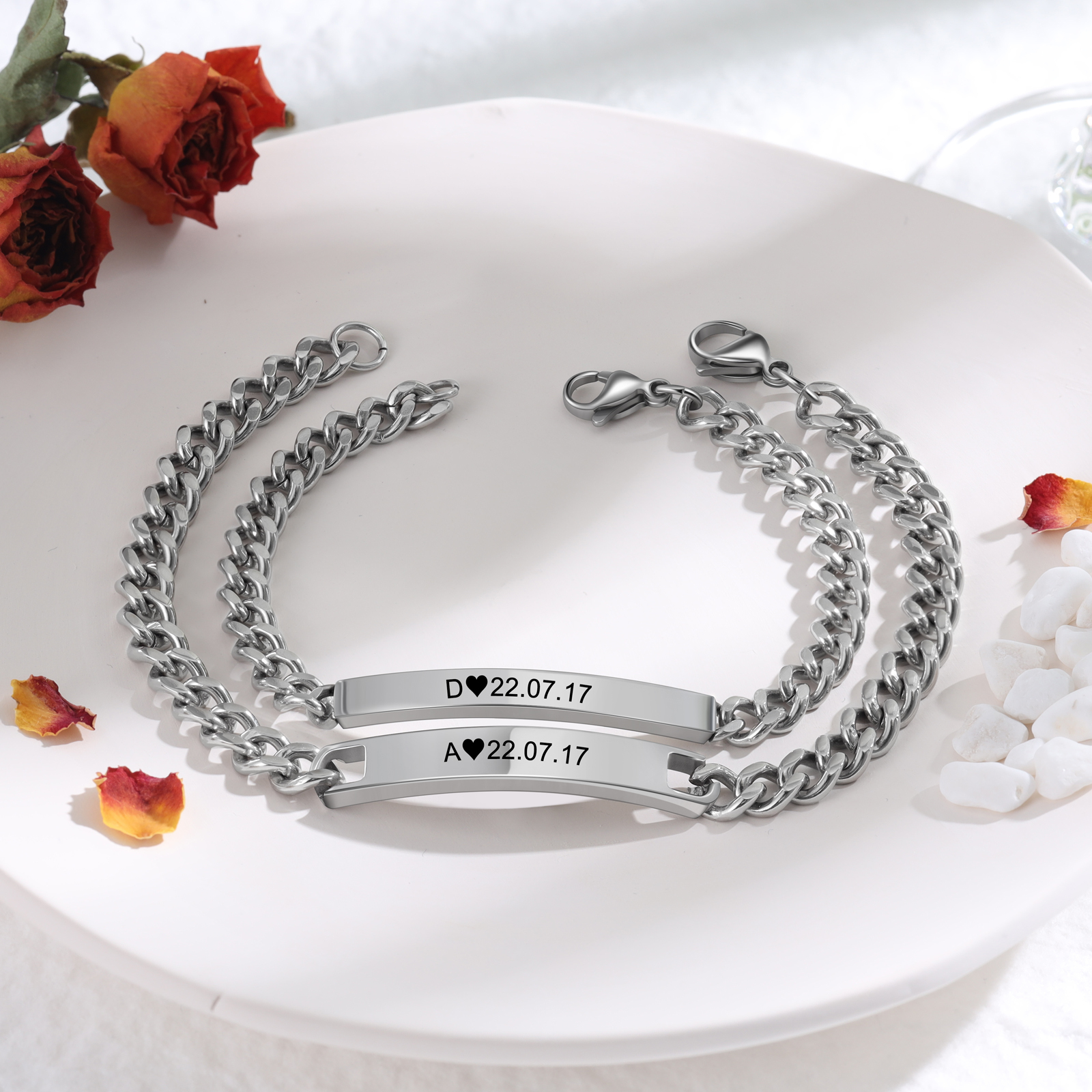 2PCS Bracelet Gourmette 2 Textes Personnalisés pour Couple Saint-Valentin