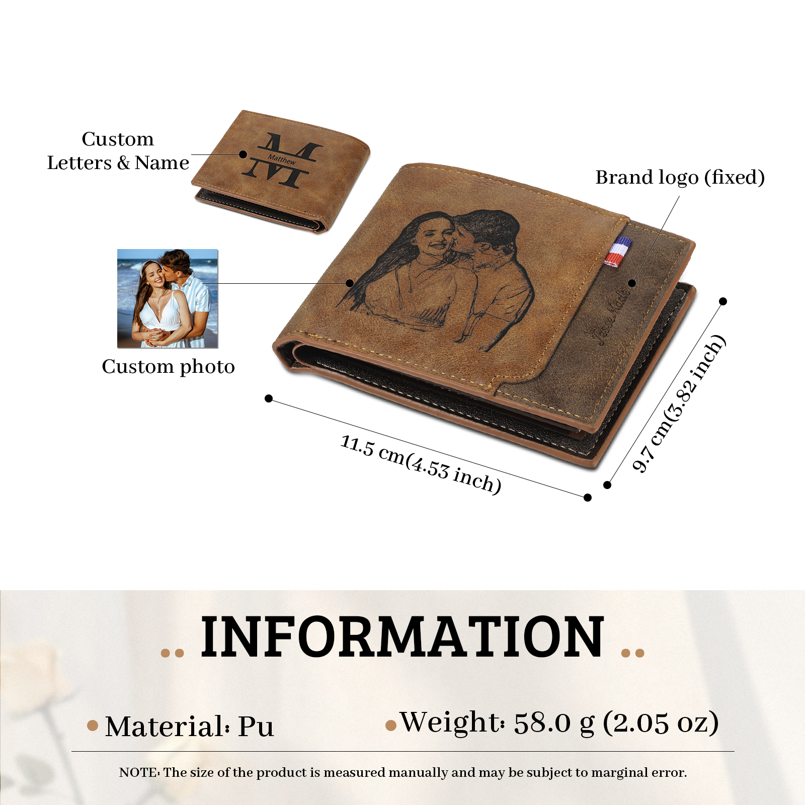 Portefeuille Classique 1 Prénom et Lettre Personnalisés avec Photo Porte-Monnaie Carte