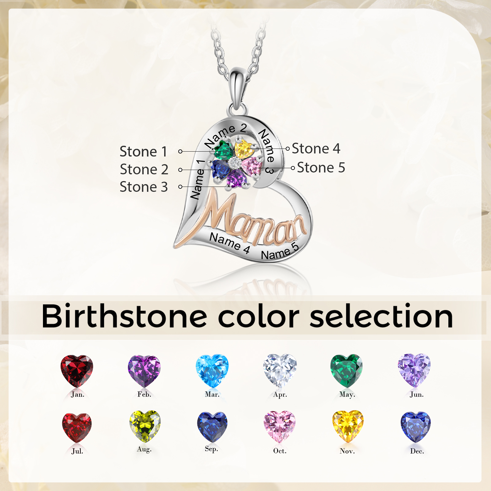 À Ma Maman-Collier Cœur 5 Prénoms Personnalisés avec 5 Pierres de Naissance