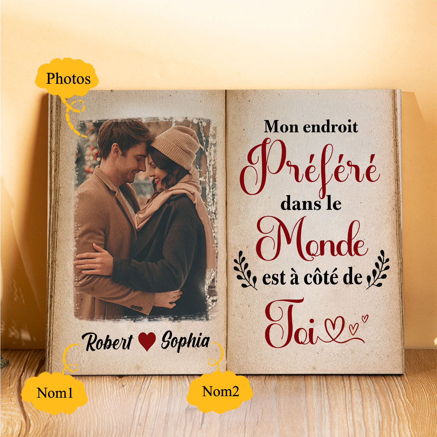 Cadre en Bois 2 Prénoms Personnalisés avec Photo pour Couple Cadeau Saint Valentin