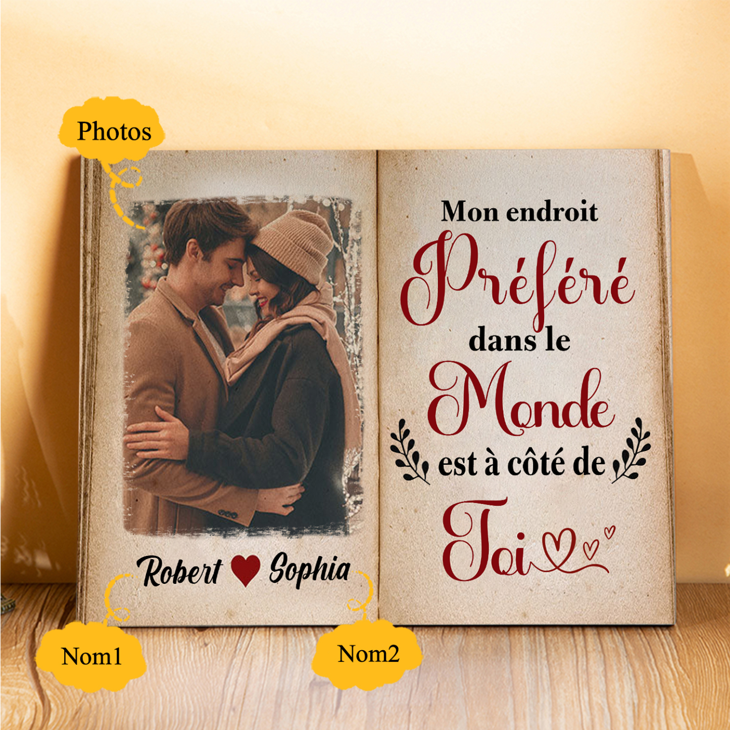 Cadre en Bois 2 Prénoms Personnalisés avec Photo pour Couple Cadeau Saint Valentin