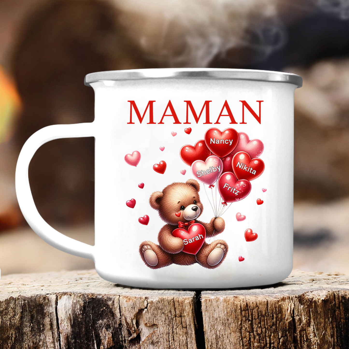 À Maman/Mamie - Tasse émaillée Ours 5 Prénoms Personnalisés