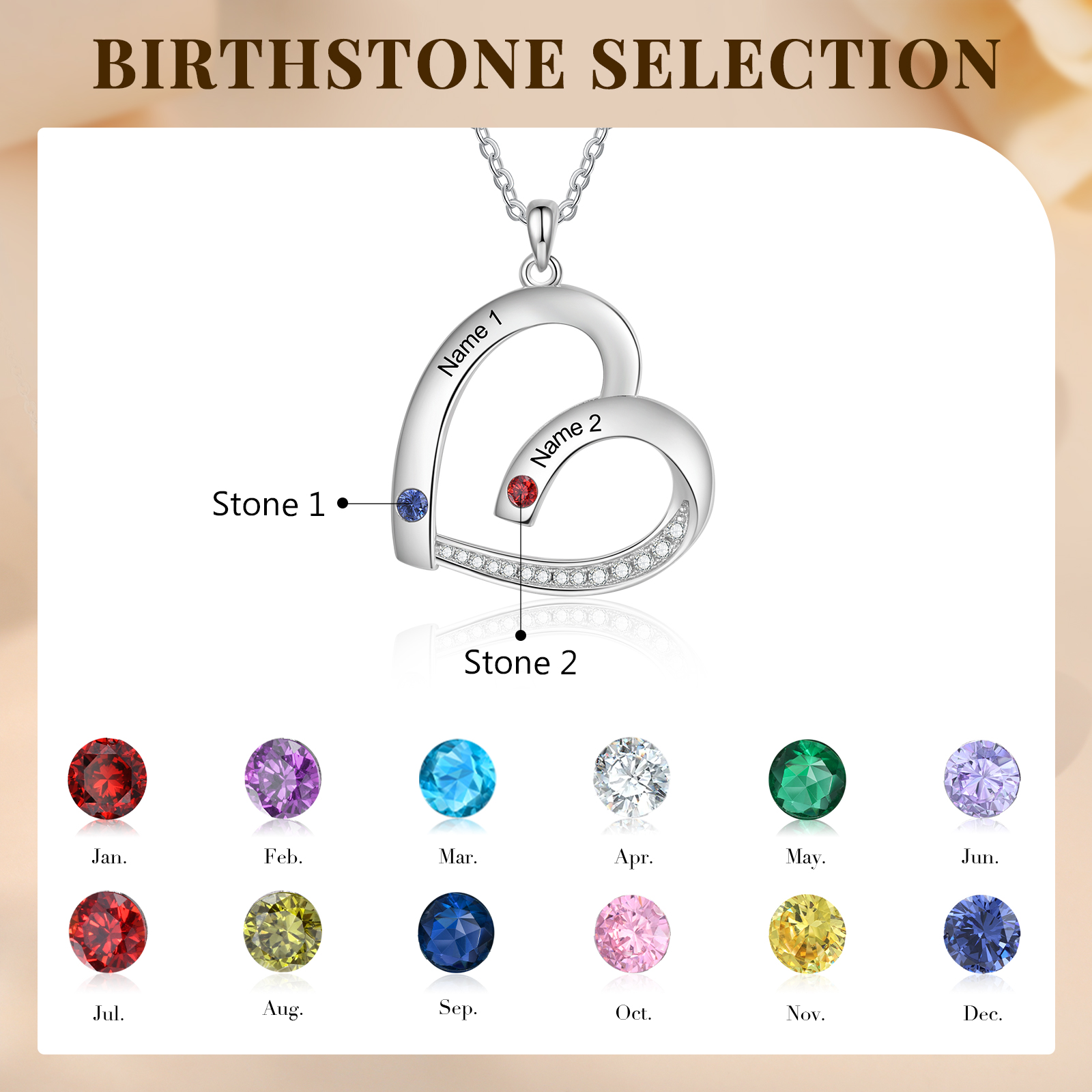 Collier Pendentif Cœur 2 Prénoms Personnalisés avec Pierre de naissance pour Femmes