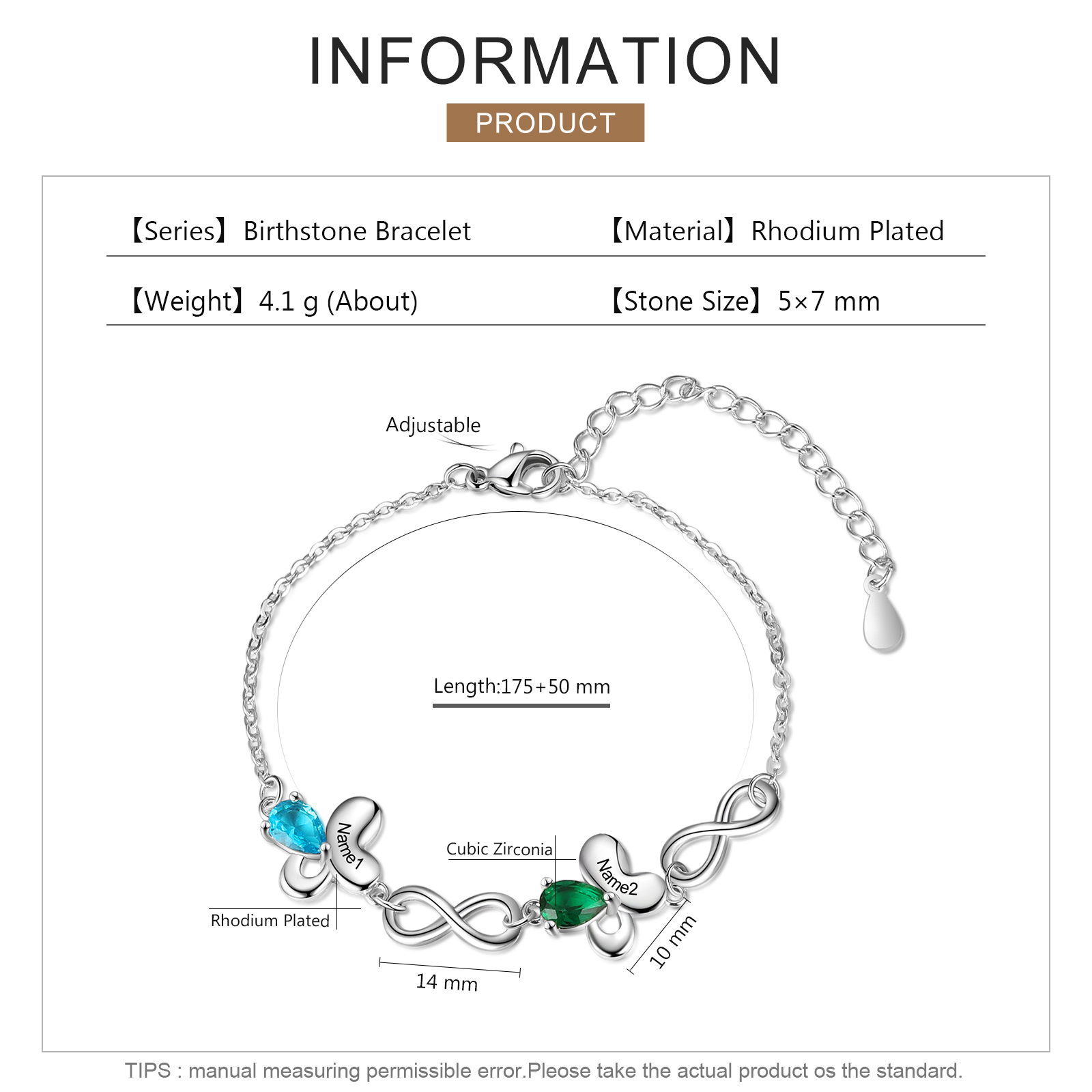 Bracelet papillon 2 Prénom Personnalisé avec 2 Pierre de Naissance