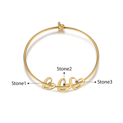 Bracelet jonc 3 prénom Pendentifs Personnalisé Coeur avec 3 Pierre de Naissance